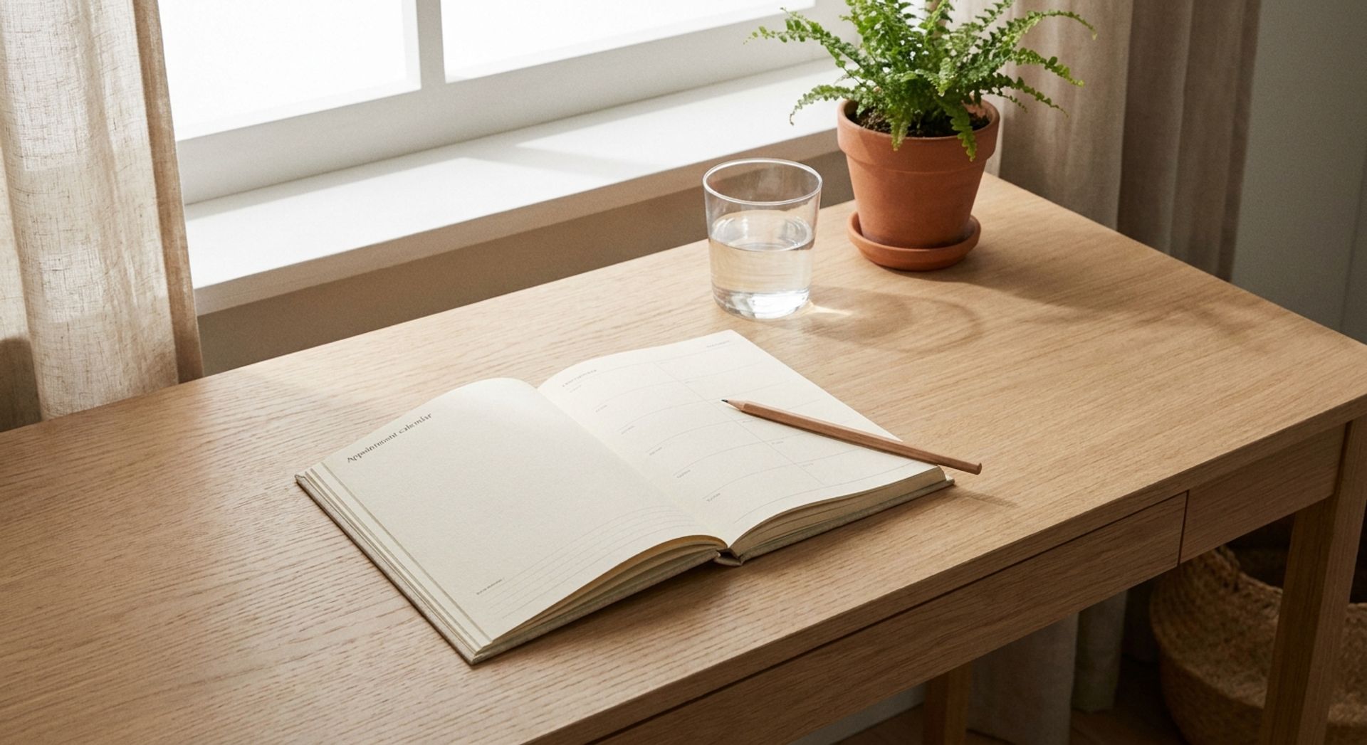 Aufgeräumter Schreibtisch am Fenster mit aufgeschlagenem Terminkalender aus Papier, Bleistift, einem Glas Wasser und einer kleinen Grünpflanze im weichen Morgenlicht, ohne Personen oder medizinische Gegenstände