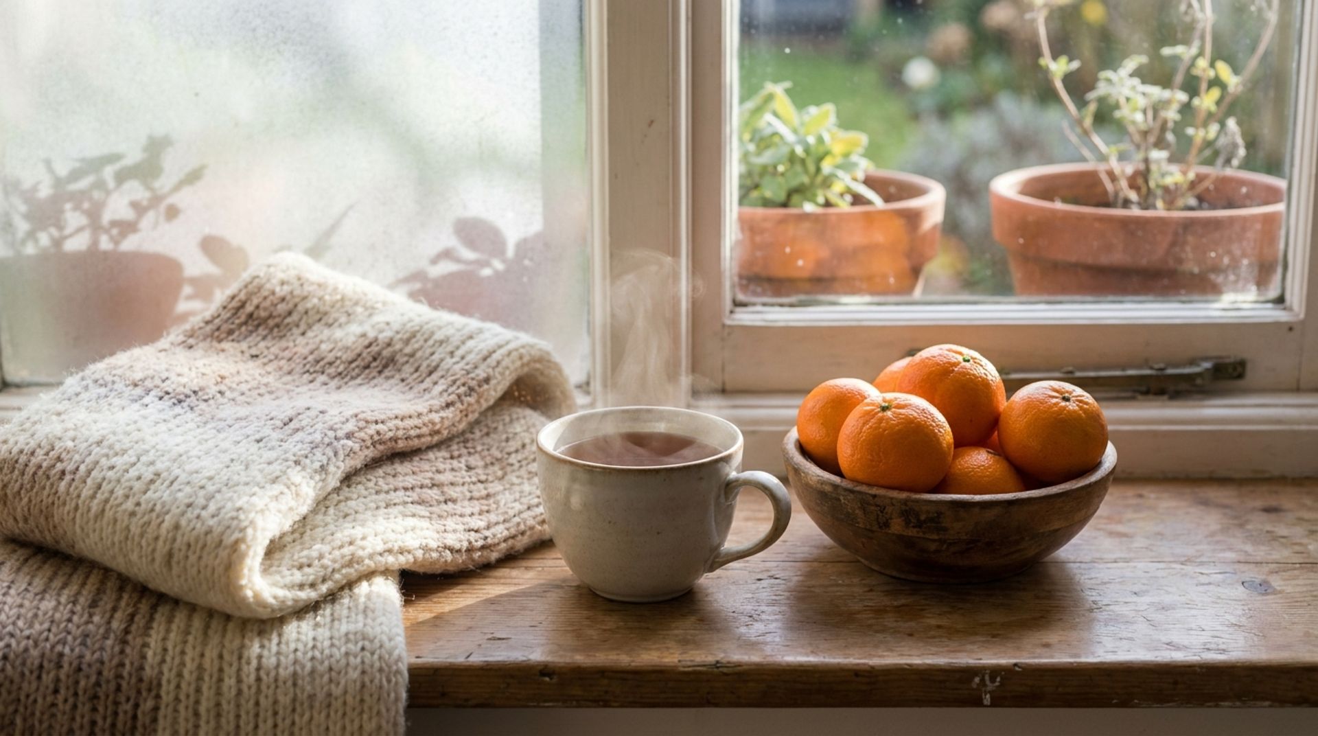 Dampfende Tasse Tee, ein Wollschal und eine Schale Orangen auf der Fensterbank im Morgenlicht