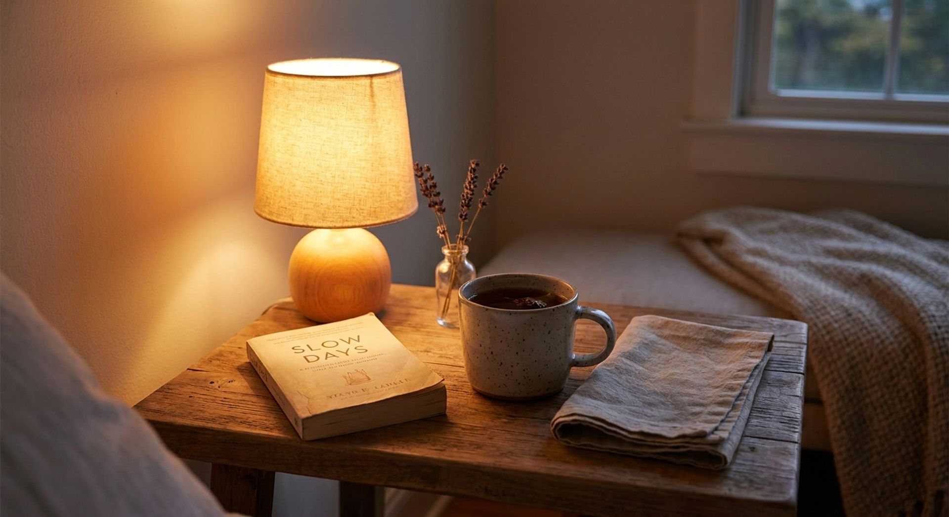 Calm evening still life: ceramic mug of herbal tea, closed paperback book, and folded linen napkin on a wooden bedside table in soft warm lamp light, no people or medical items