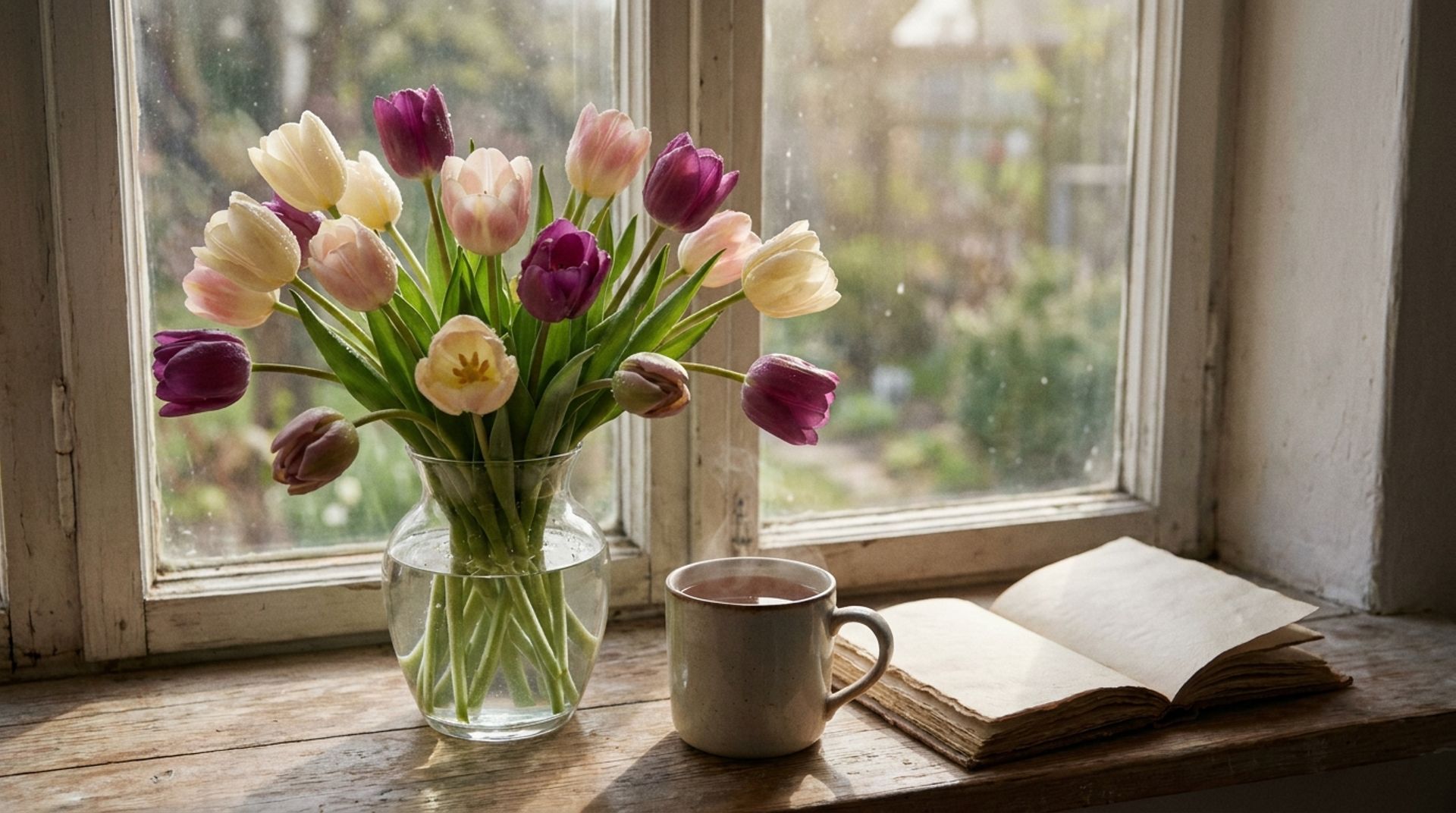 Tulpenstrauß in einer Glasvase, eine Tasse Tee und ein offenes Notizbuch auf der Fensterbank
