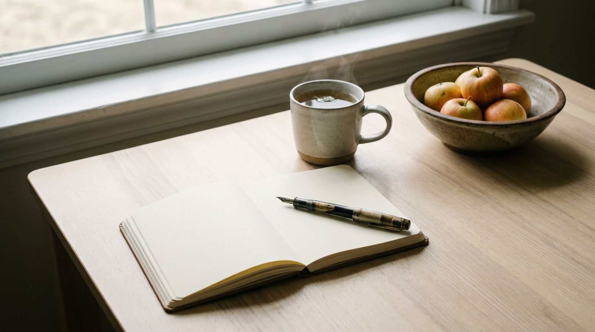 Offenes Notizbuch mit Stift, eine Tasse Kräutertee und eine Schale Äpfel im Morgenlicht