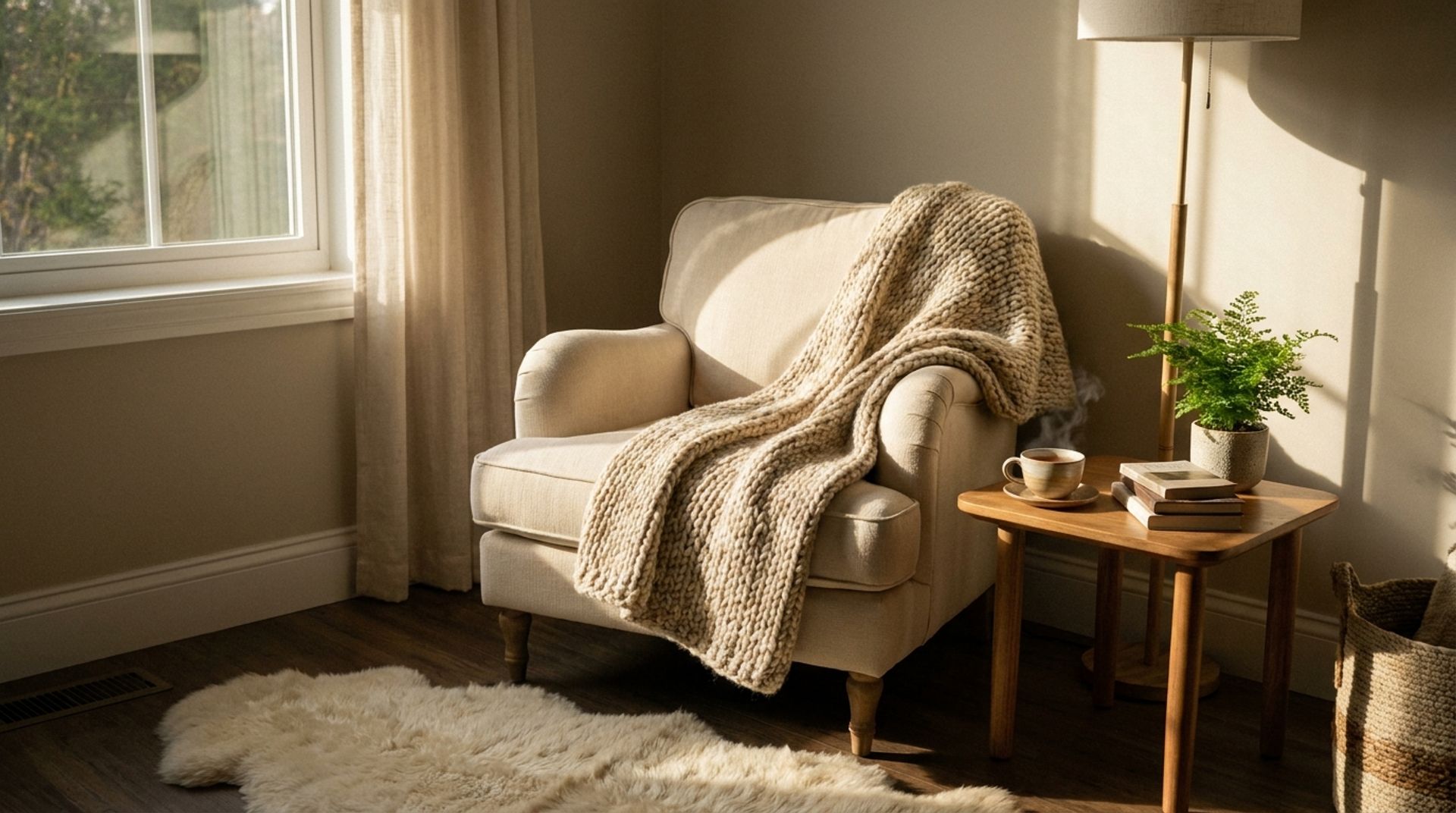 Ruhige Wohnzimmerecke mit Sessel, Strickdecke und einer Tasse Tee im warmen Nachmittagslicht