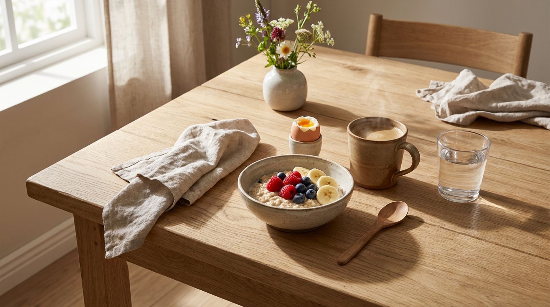 Frühstückstisch mit Haferschale und Beeren, einer Tasse Kaffee und einem Glas Wasser im Morgenlicht