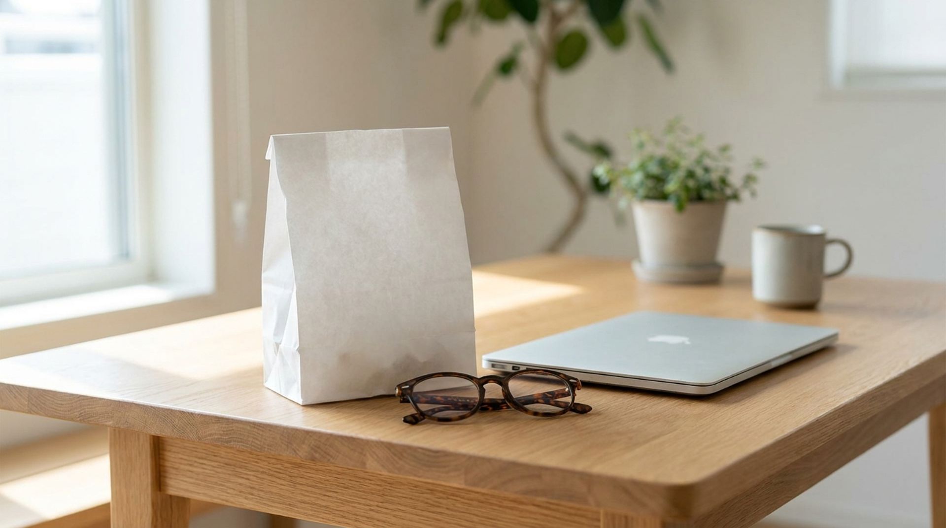 Neutrale weiße Papiertüte ohne Aufdruck, Lesebrille und zugeklappter Laptop auf einem hellen Tisch
