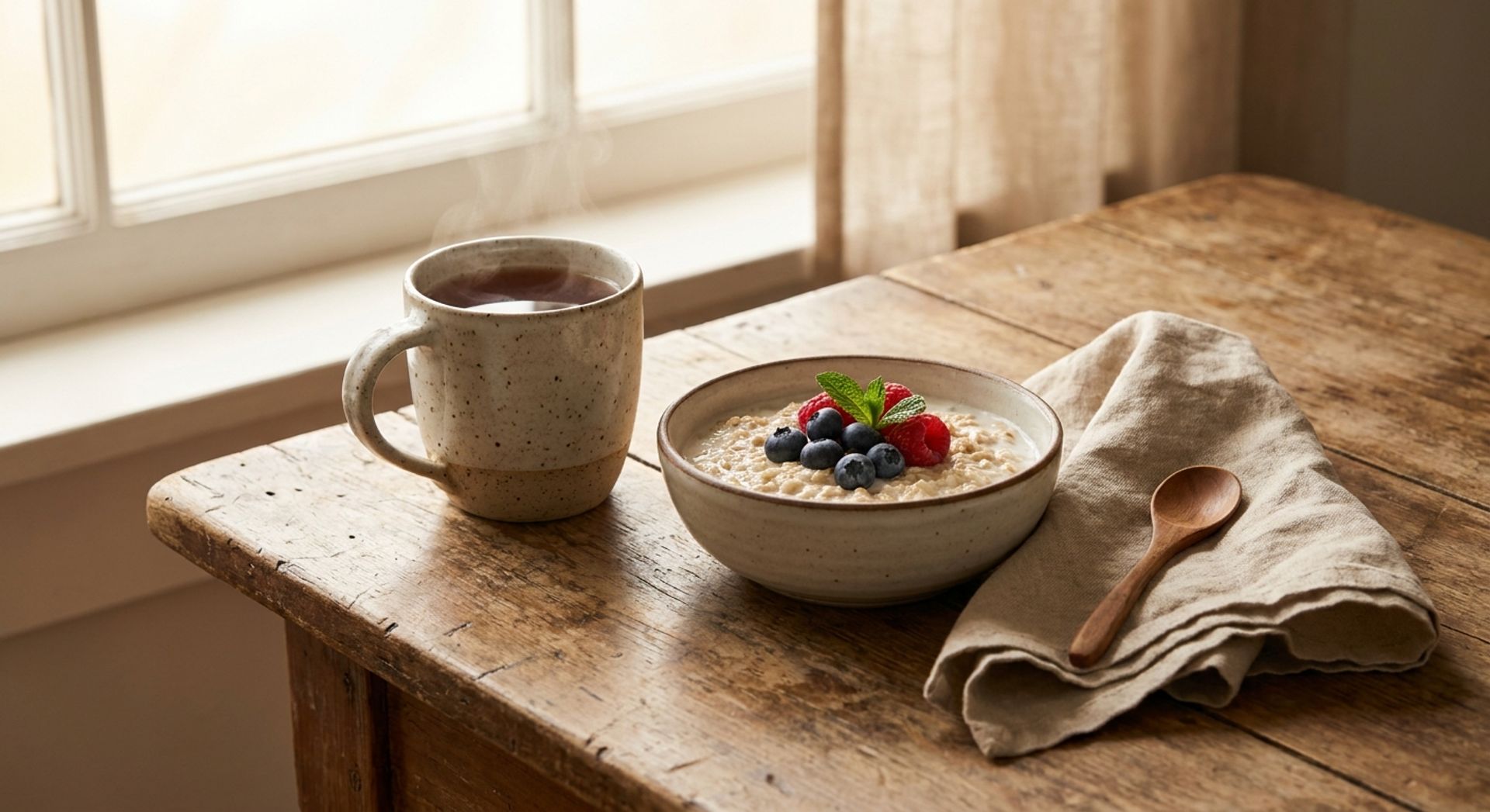 Ruhiges Morgenstillleben: Keramiktasse mit Kräutertee, Schale mit weichem Hafer und Beeren sowie gefaltete Leinenserviette auf Holztisch im weichen Fensterlicht, ohne Personen oder medizinische Gegenstände