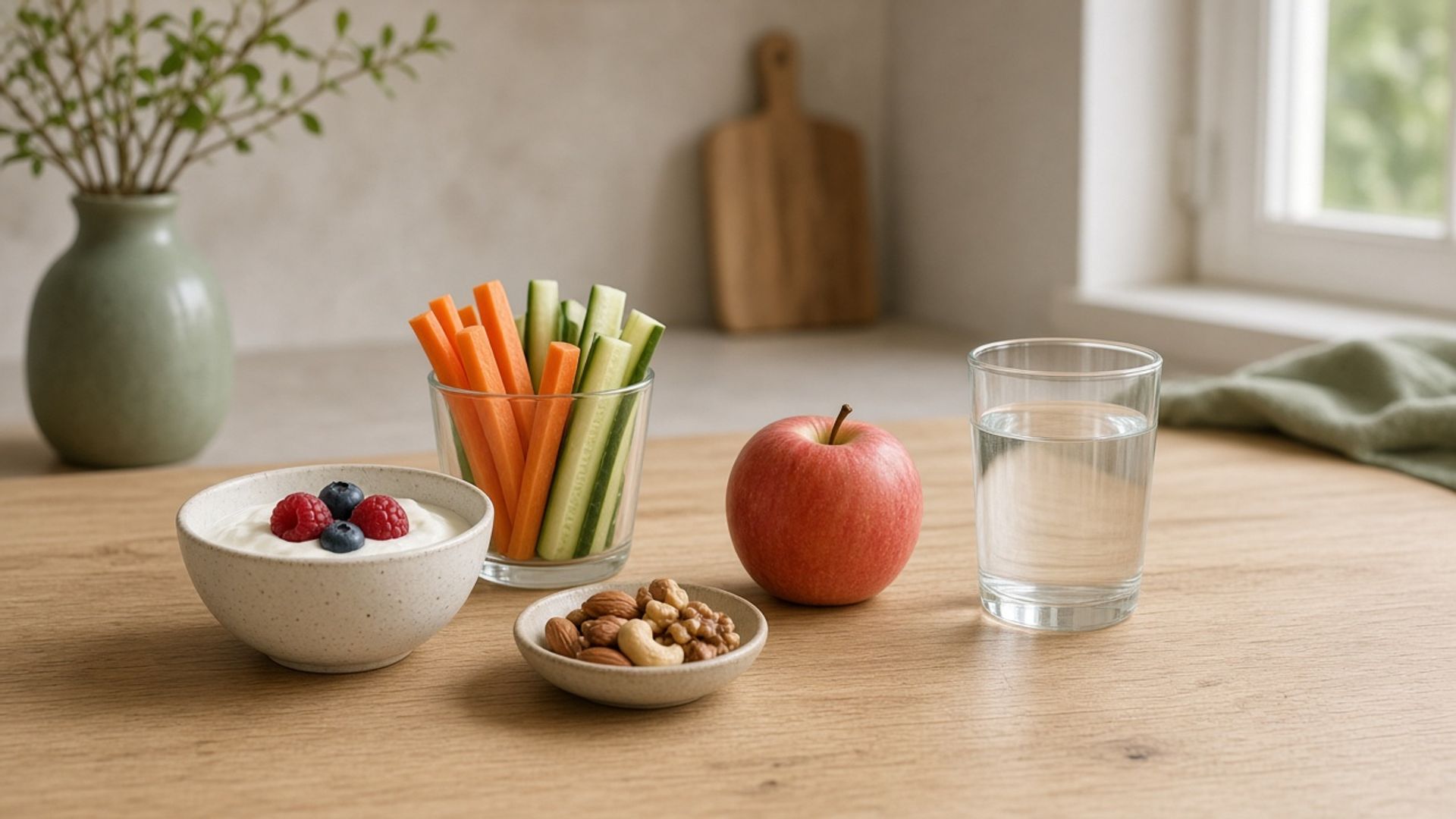 Helle Küchenarbeitsplatte aus Holz am Fenster im weichen Tageslicht mit einer kleinen Schale Joghurt mit Beeren, einem Schälchen Nüsse, Karotten- und Gurkensticks in einem Glas, einem Apfel und einem Glas Wasser, ohne Personen oder medizinische Gegenstände