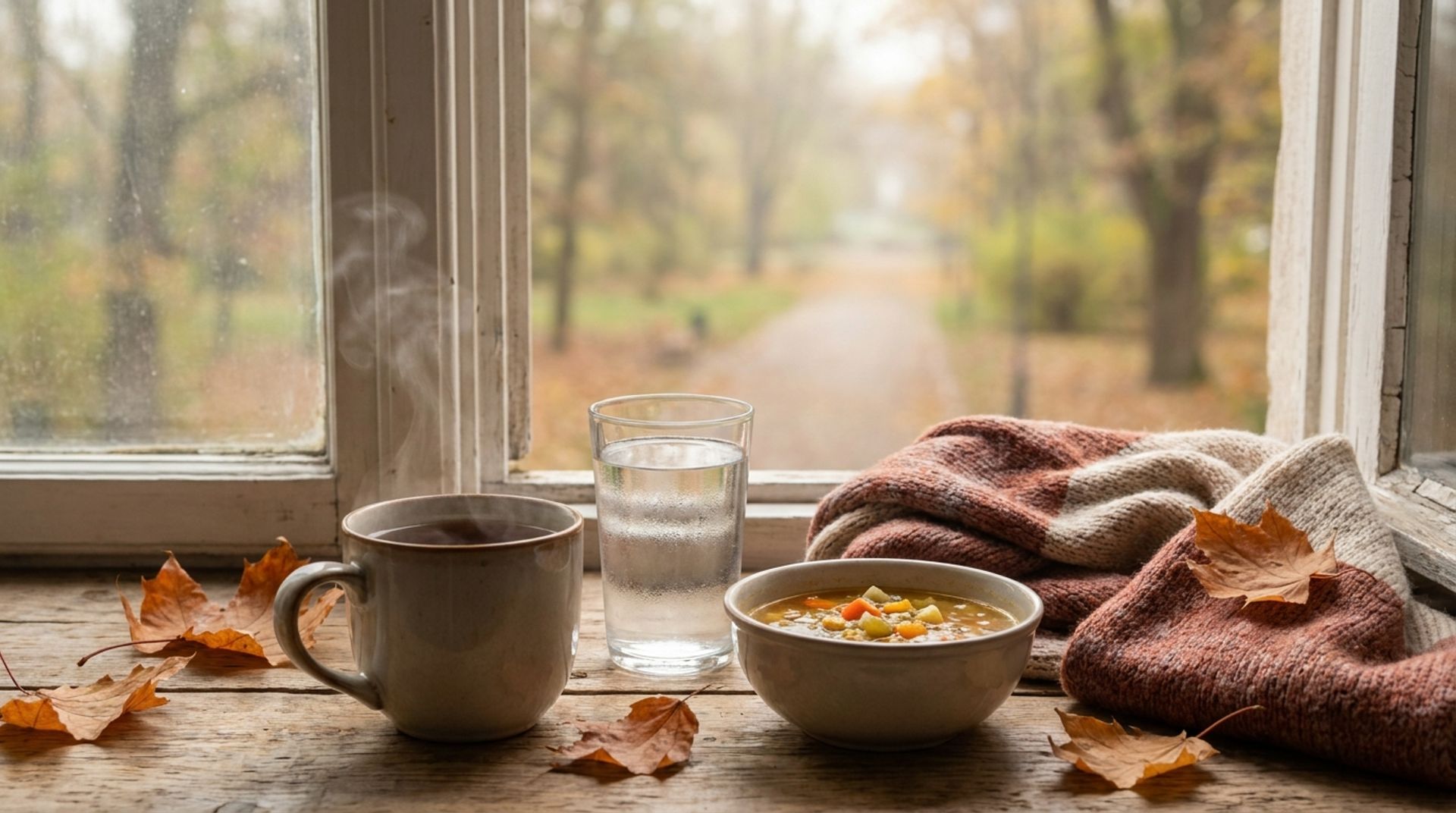 Holzfensterbank im weichen Herbstlicht mit einer dampfenden Tasse Kräutertee, einem Glas Wasser, einer Schale Gemüsesuppe, einem Strickschal und orangefarbenen Blättern, draußen ein Parkweg mit Herbstbäumen, ohne Personen und ohne medizinische Gegenstände