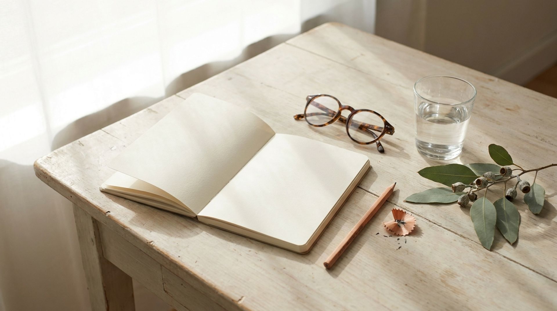 Offenes Notizbuch, Bleistift, Brille, ein Glas Wasser und ein Eukalyptuszweig auf einem hellen Holztisch