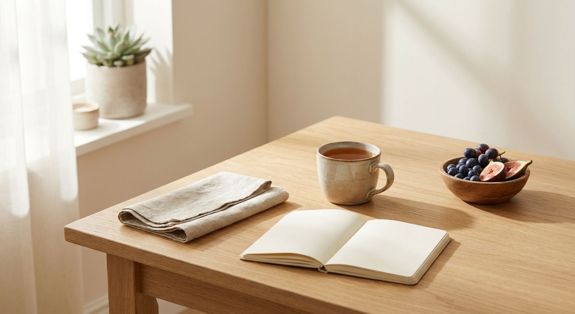 Calm weekend still life: ceramic mug of tea, open notebook, folded linen napkin and a small bowl of fruit on a sunlit wooden table, no people or medical items
