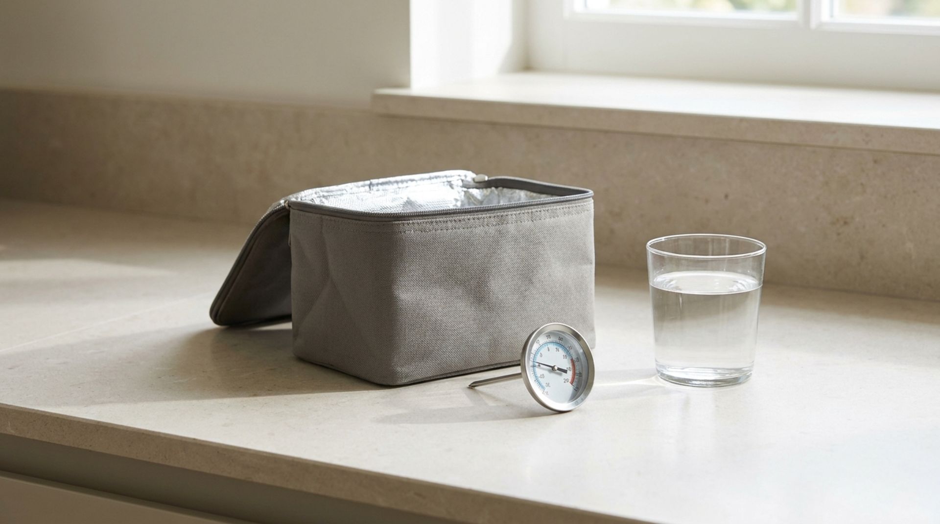 Kleine Kühltasche und ein Thermometer neben einem Glas Wasser auf einer hellen Küchenarbeitsplatte