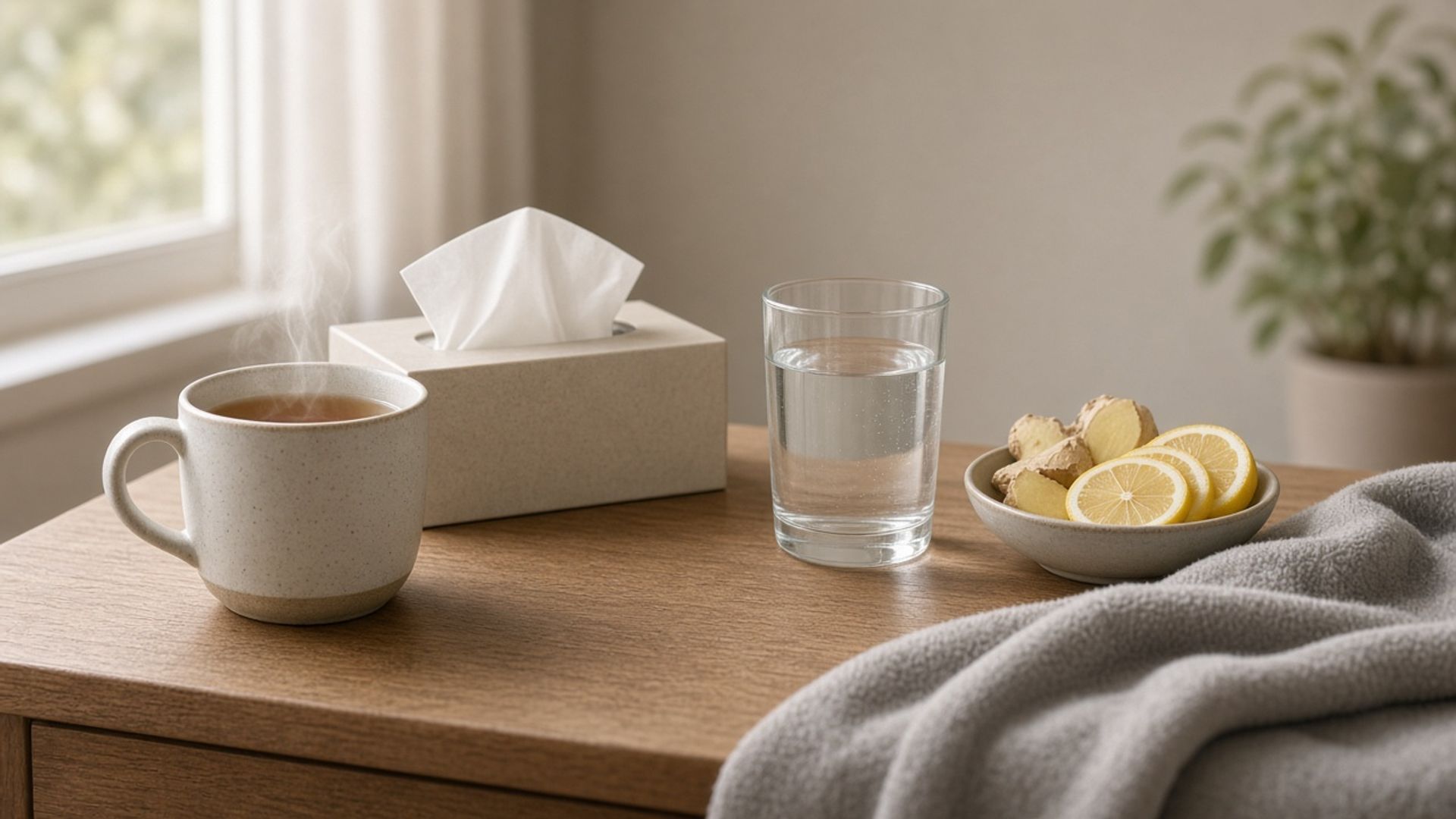 Ruhiger Nachttisch im weichen Morgenlicht mit einer Tasse Kräutertee, einem Glas Wasser, einer Taschentuchbox, Zitronen- und Ingwerscheiben und einer gefalteten Decke, ohne Personen und ohne medizinische Gegenstände