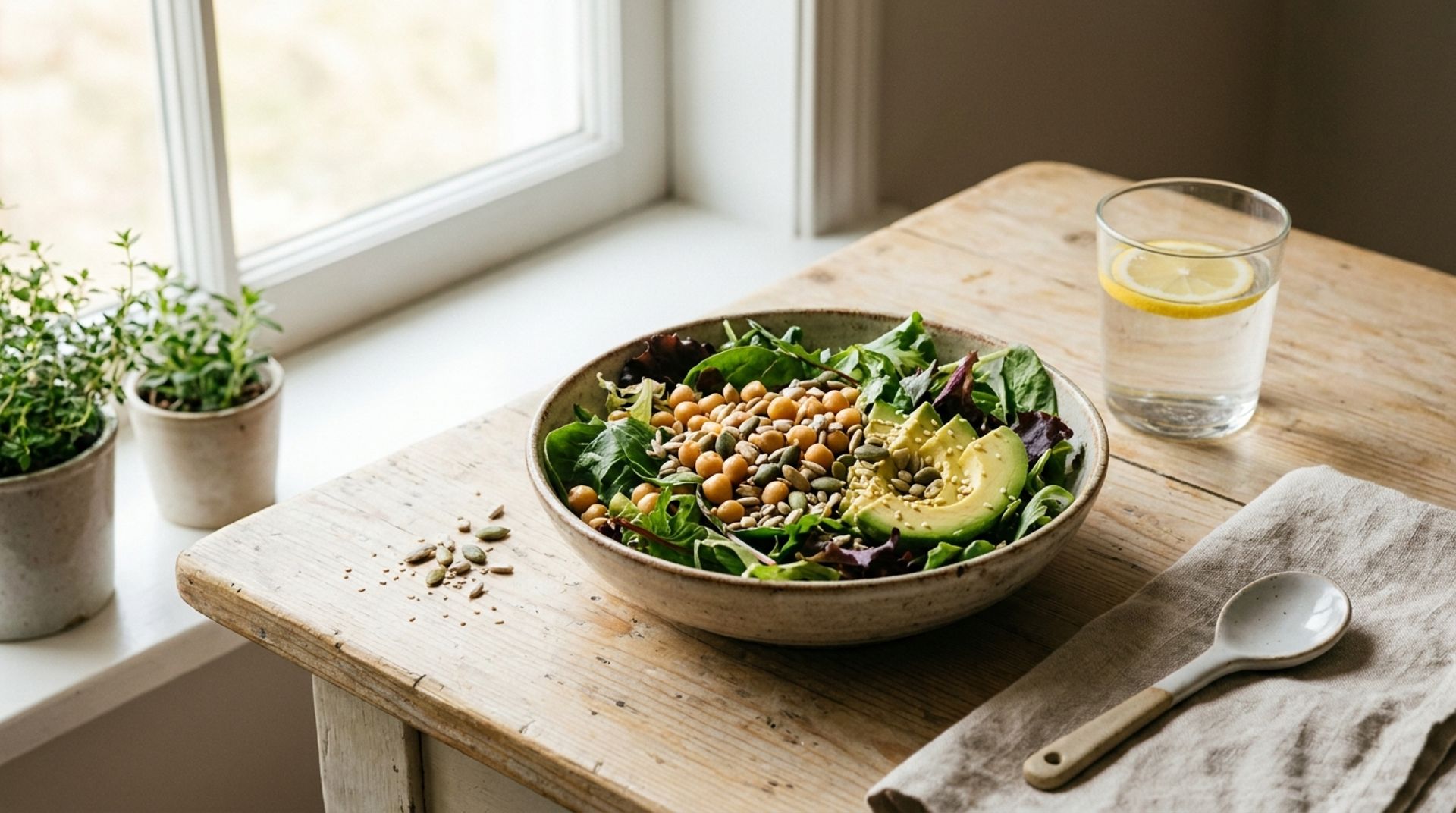 Schale mit Blattsalat, Kichererbsen, Avocado und Saaten neben einem Glas Wasser am hellen Fenster