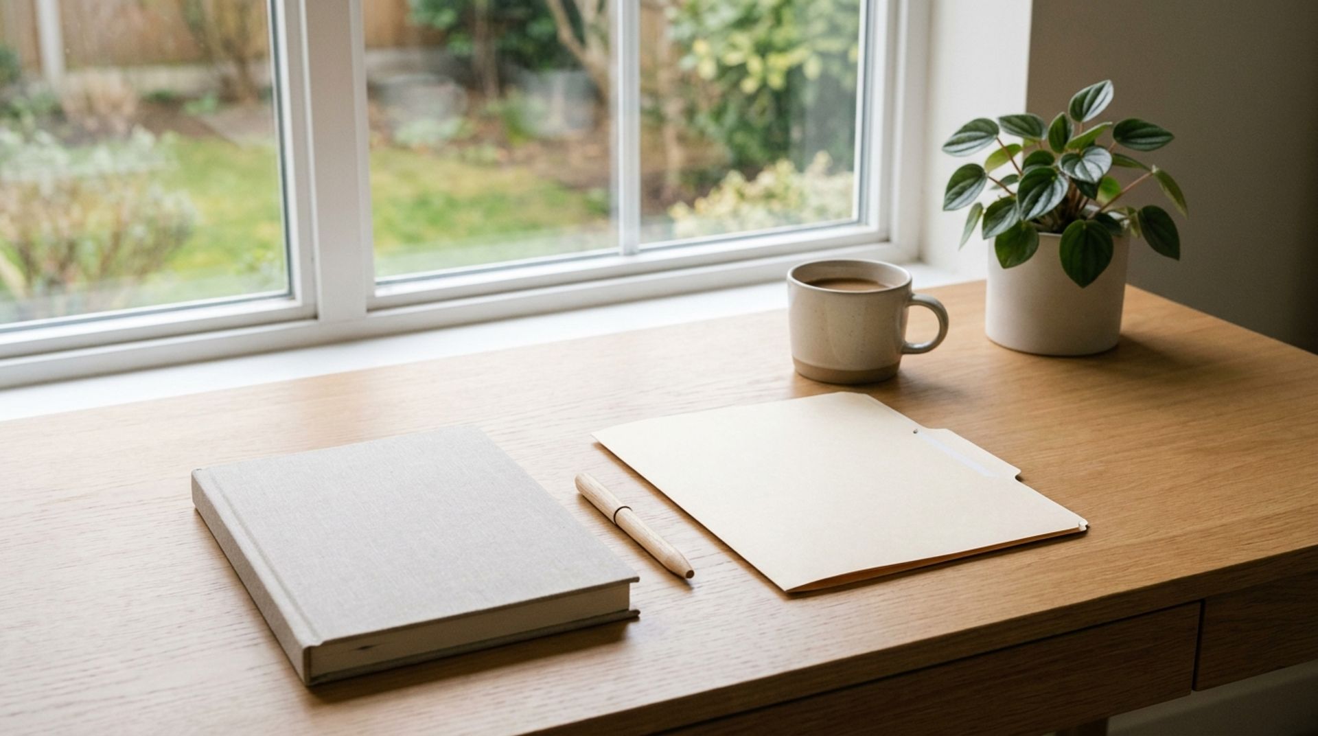 Aufgeräumter Schreibtisch am Fenster mit Notizbuch, Mappe, Stift, Kaffeetasse und Grünpflanze