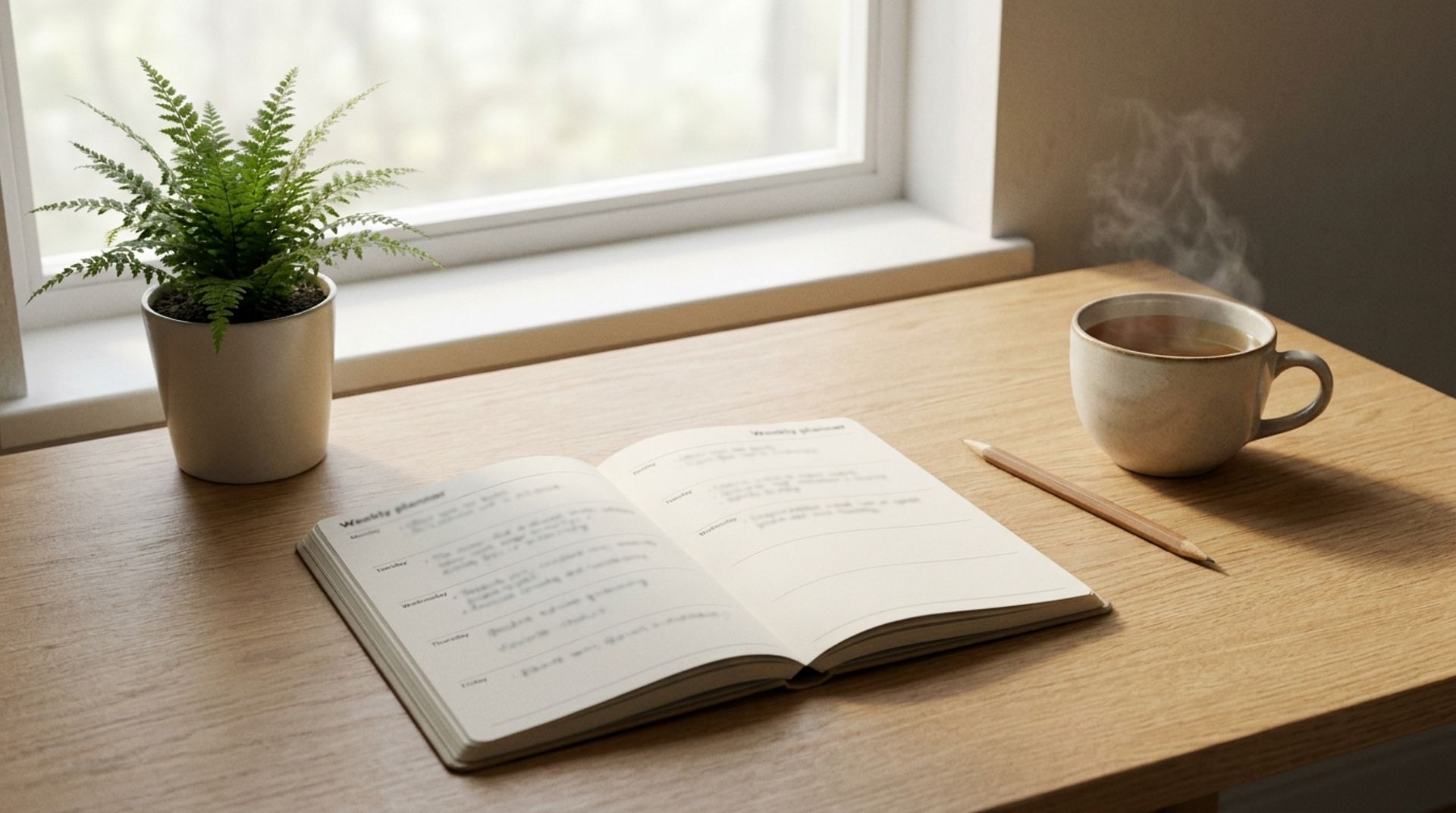 Offener Wochenplaner mit Bleistift, eine Tasse Tee und eine Grünpflanze auf einem hellen Holztisch