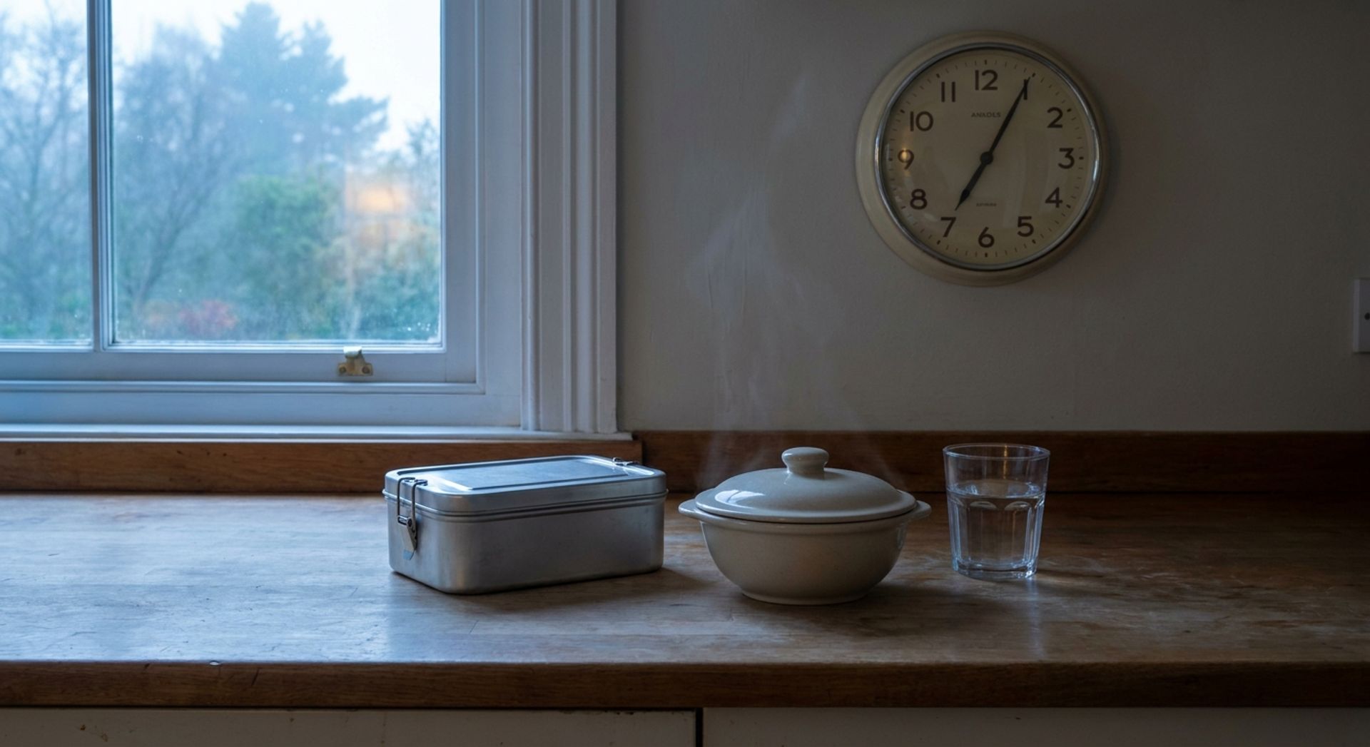 Ruhige Küchenarbeitsfläche am Fenster im frühen Morgenlicht mit einer Brotdose aus Metall, einer abgedeckten Suppenschüssel und einem Glas Wasser, im Hintergrund eine Wanduhr, ohne Personen oder medizinische Gegenstände