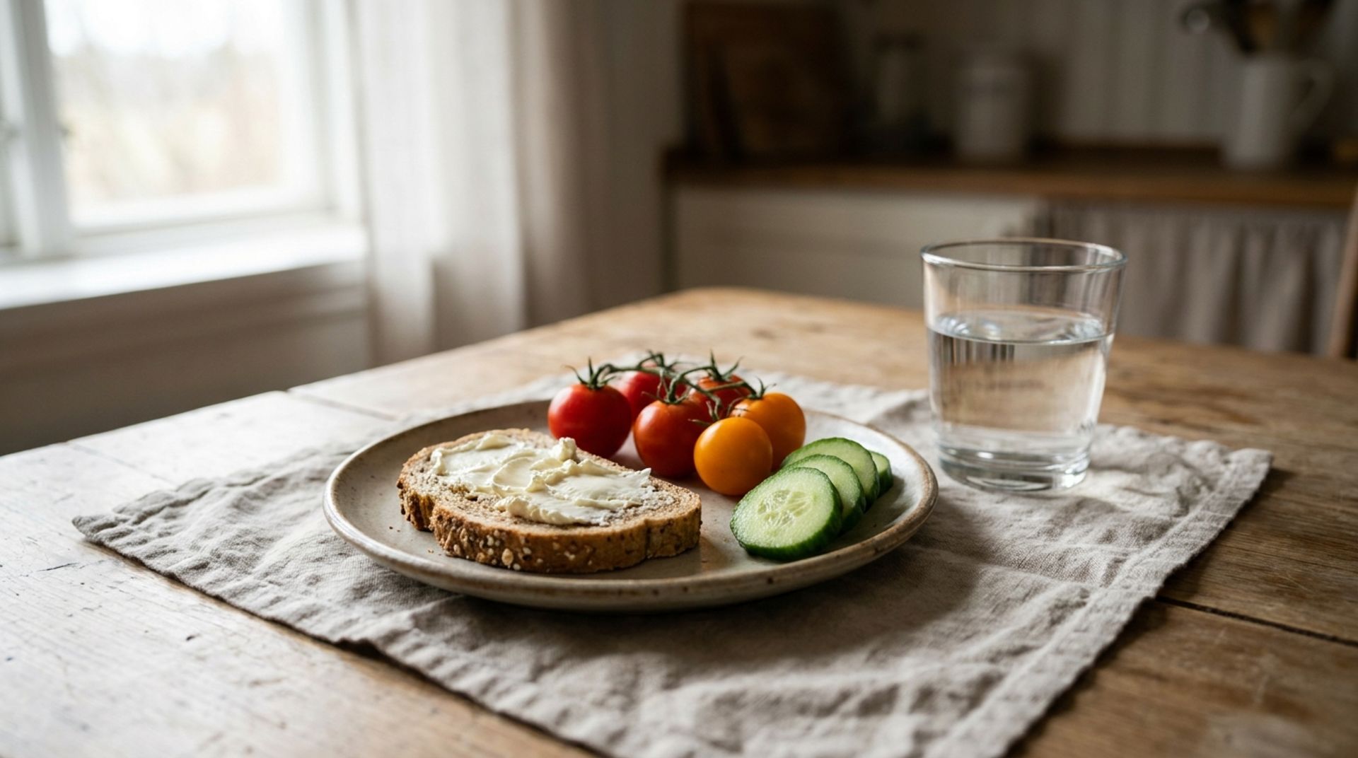 Teller mit Vollkornbrot, Frischkäse, Tomaten und Gurke neben einem Glas Wasser auf Leinen