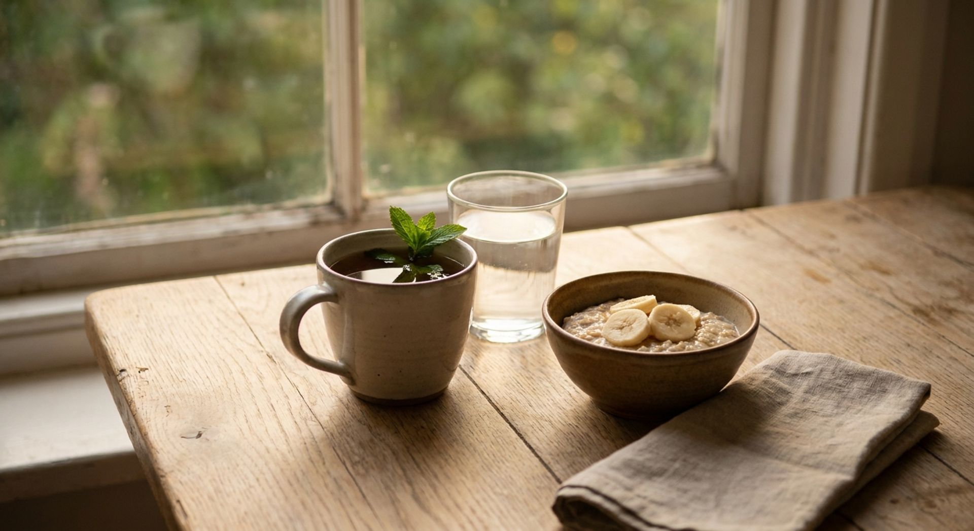 Rustikaler Holztisch am Fenster in sanftem Licht mit einer Keramiktasse Kräutertee mit frischer Minze, einem Glas Wasser, einer kleinen Schale Haferbrei mit Bananenscheiben und einer gefalteten Leinenserviette, draußen unscharf grüne Bäume, ohne Menschen und ohne medizinische Gegenstände