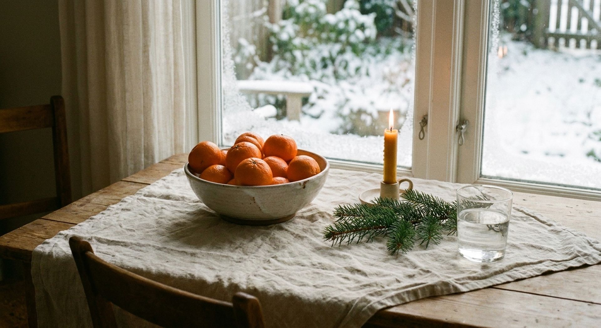 Festlicher Tisch am Fenster in weichem Winterlicht mit einer kleinen Schale Clementinen, einer brennenden Kerze, einem Tannenzweig und einem Glas Wasser auf einer Leinendecke, ohne Personen oder medizinische Gegenstände