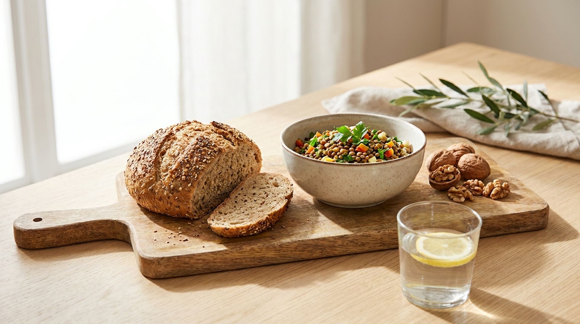 Holzbrett mit Vollkornbrot, eine Schale Linsensalat, Walnüsse und ein Glas Wasser