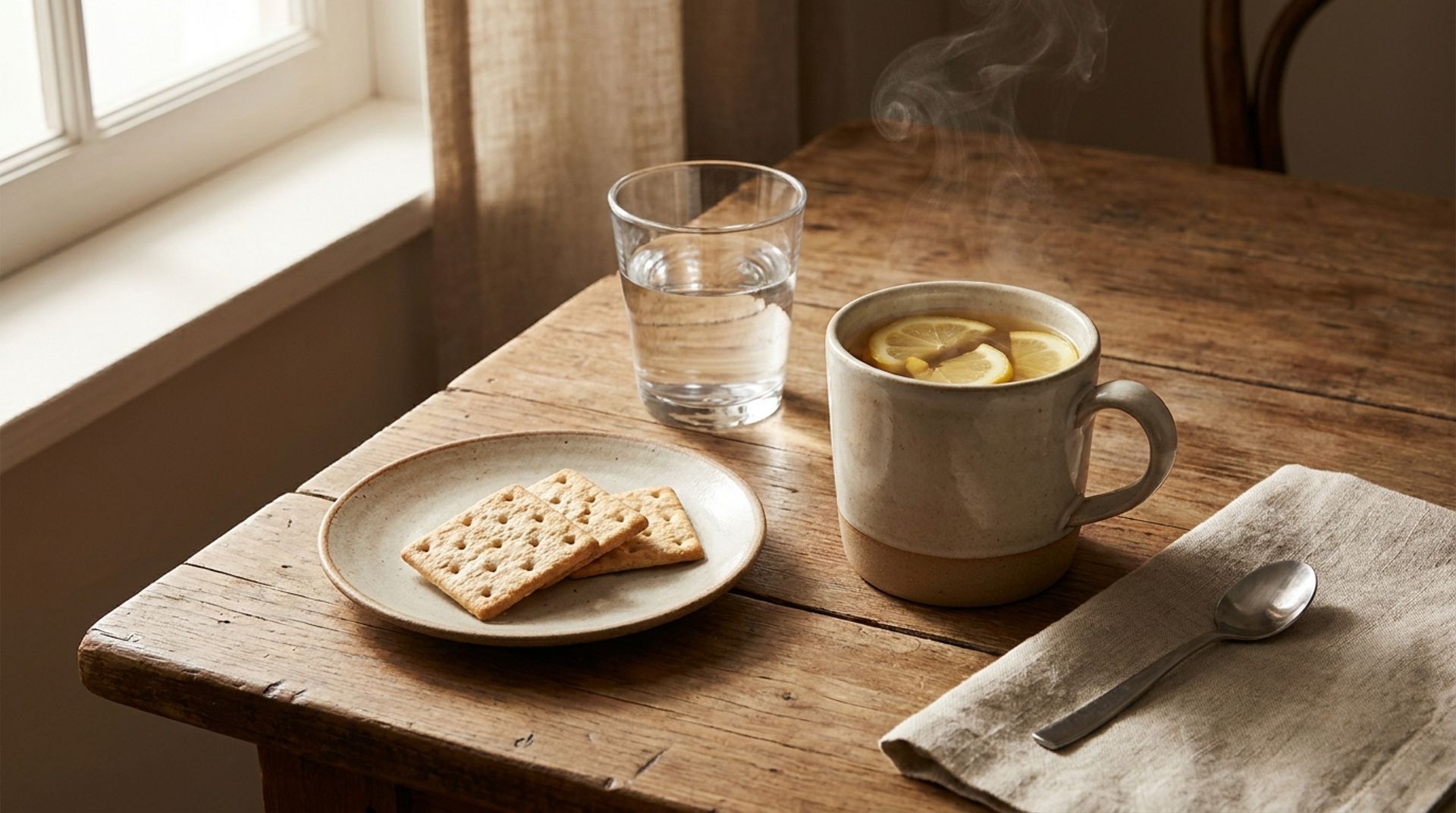 Tasse Ingwertee mit Zitrone, ein paar Cracker und ein Glas Wasser auf einem Holztisch