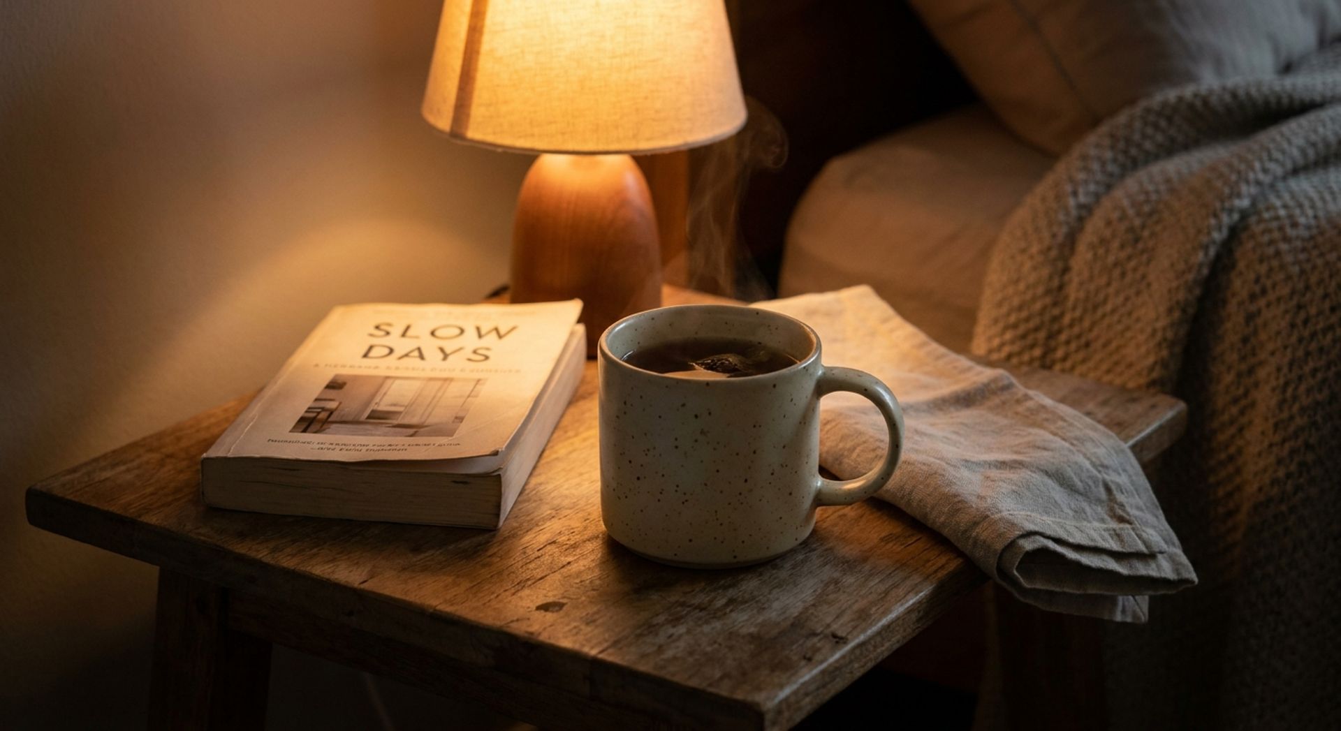 Ruhiges Abendstillleben: Keramiktasse mit Kräutertee, geschlossenes Taschenbuch und gefaltete Leinenserviette auf einem hölzernen Nachttisch im weichen warmen Lampenlicht, ohne Personen oder medizinische Gegenstände