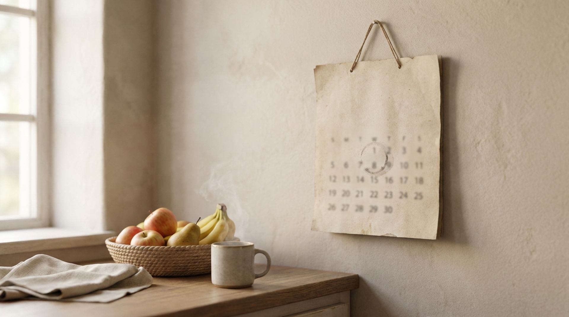 Wandkalender in einer hellen Küche, darunter eine Tasse Kaffee und eine Obstschale im Morgenlicht