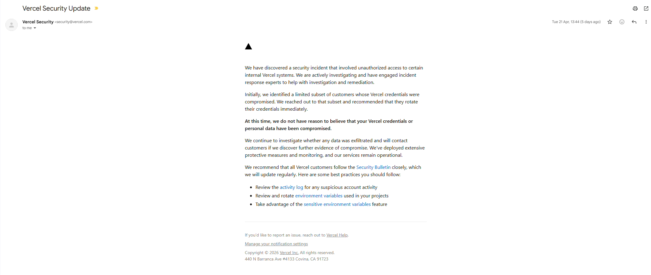 Official email from Vercel