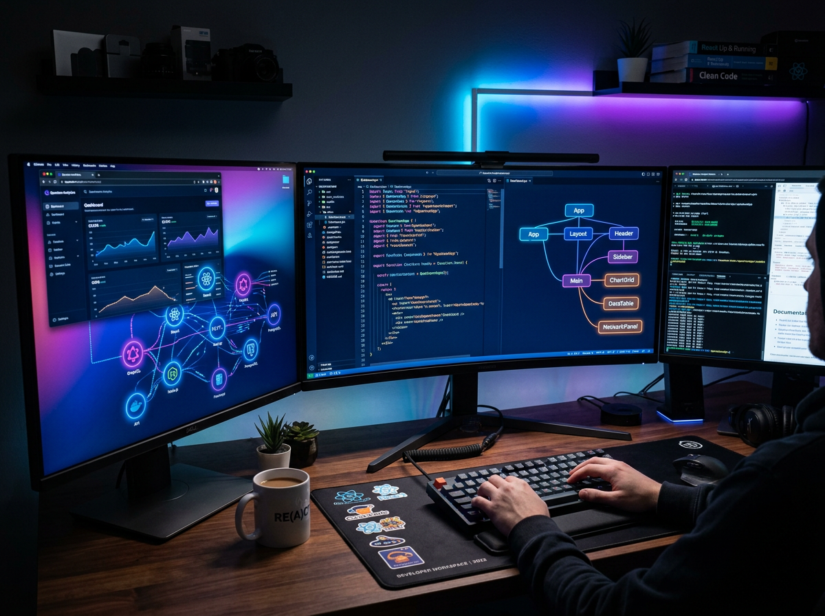 Modern developer workspace with screens showing React code