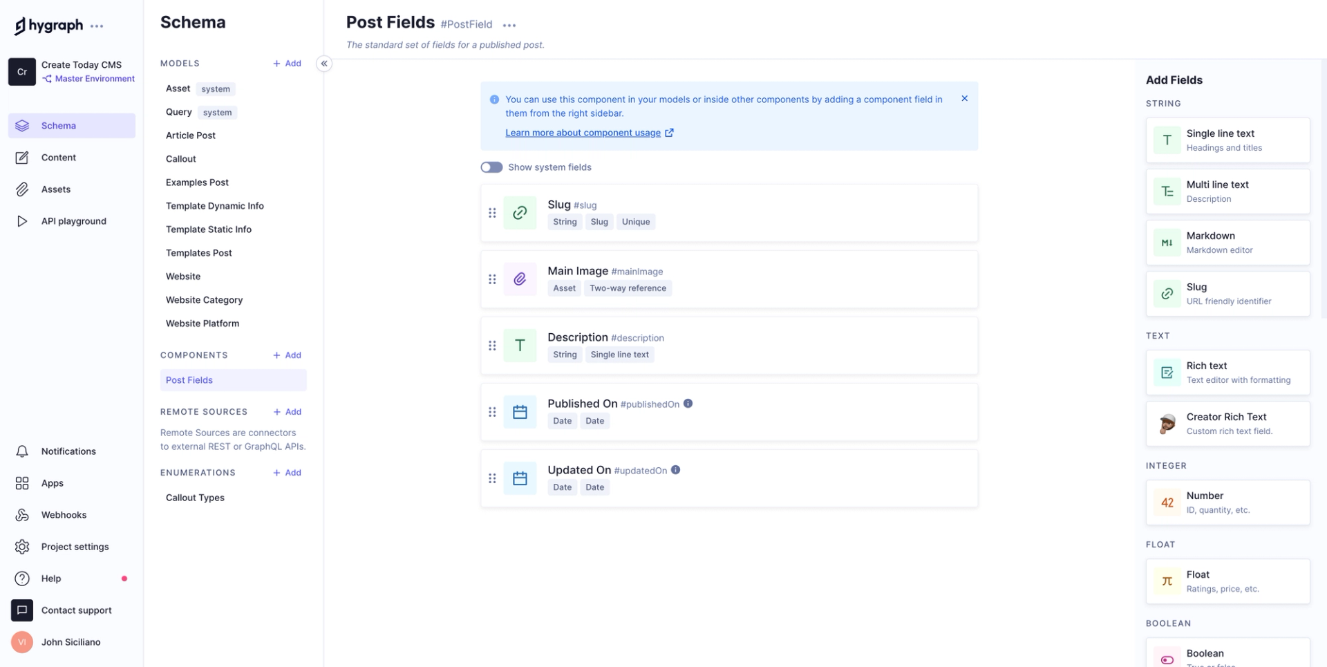 My Hygraph schema for a component