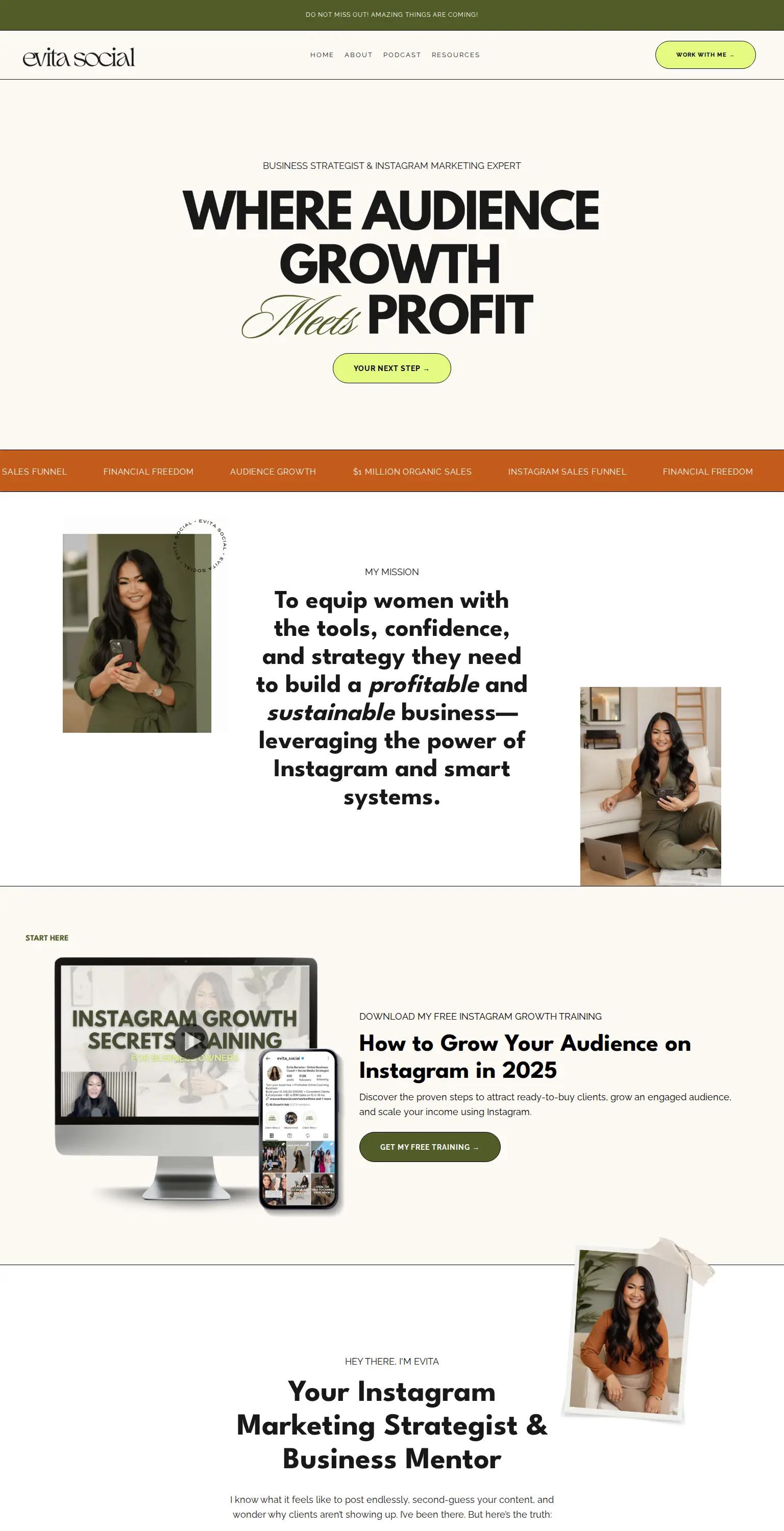 Digital marketing website — sophisticated, empowering modern sans-serif design in olive green, cream, and lime. "WHERE AUDIENCE GROWTH Meets PROFIT"