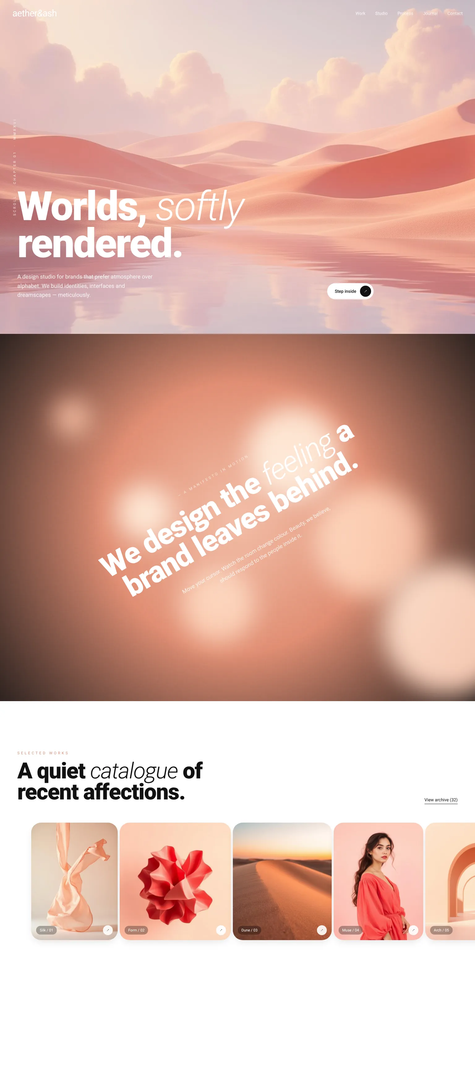 Creative agency website — minimalist, editorial serif design in cream, coral, and black. "A quiet *catalogue* of recent affections."