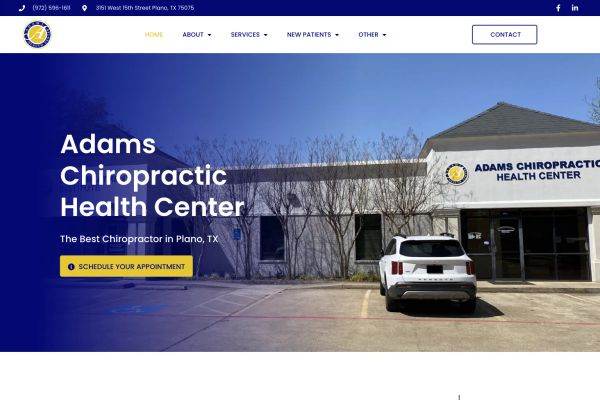Chiropractic healthcare website with clean, professional, and warm serif typography design in navy, gold, and lavender. "Adams Chiropractic Health Center"