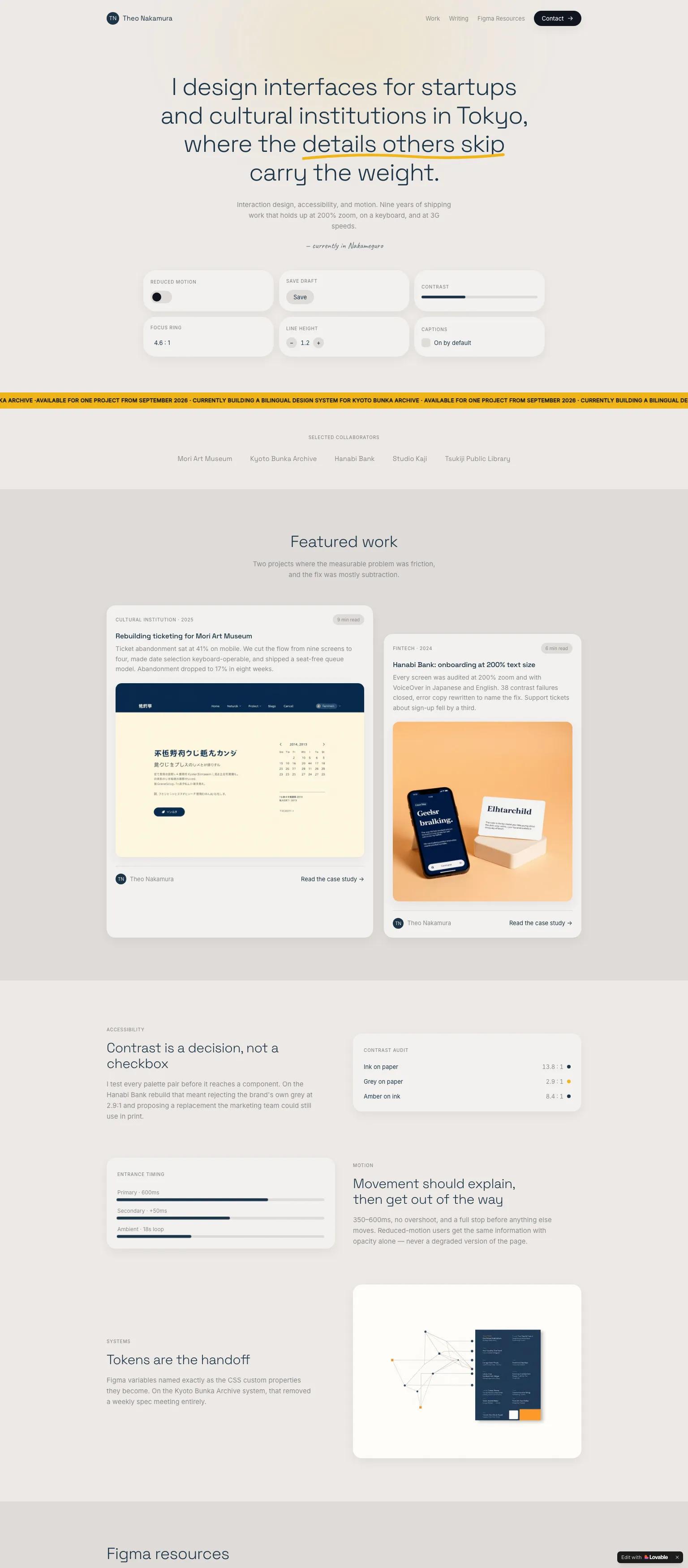 UX designer portfolio — refined, detail-obsessed serif and sans-serif design in warm cream and navy. "I design interfaces for startups and cultural institutions in Tokyo, where the details others skip carry the weight."