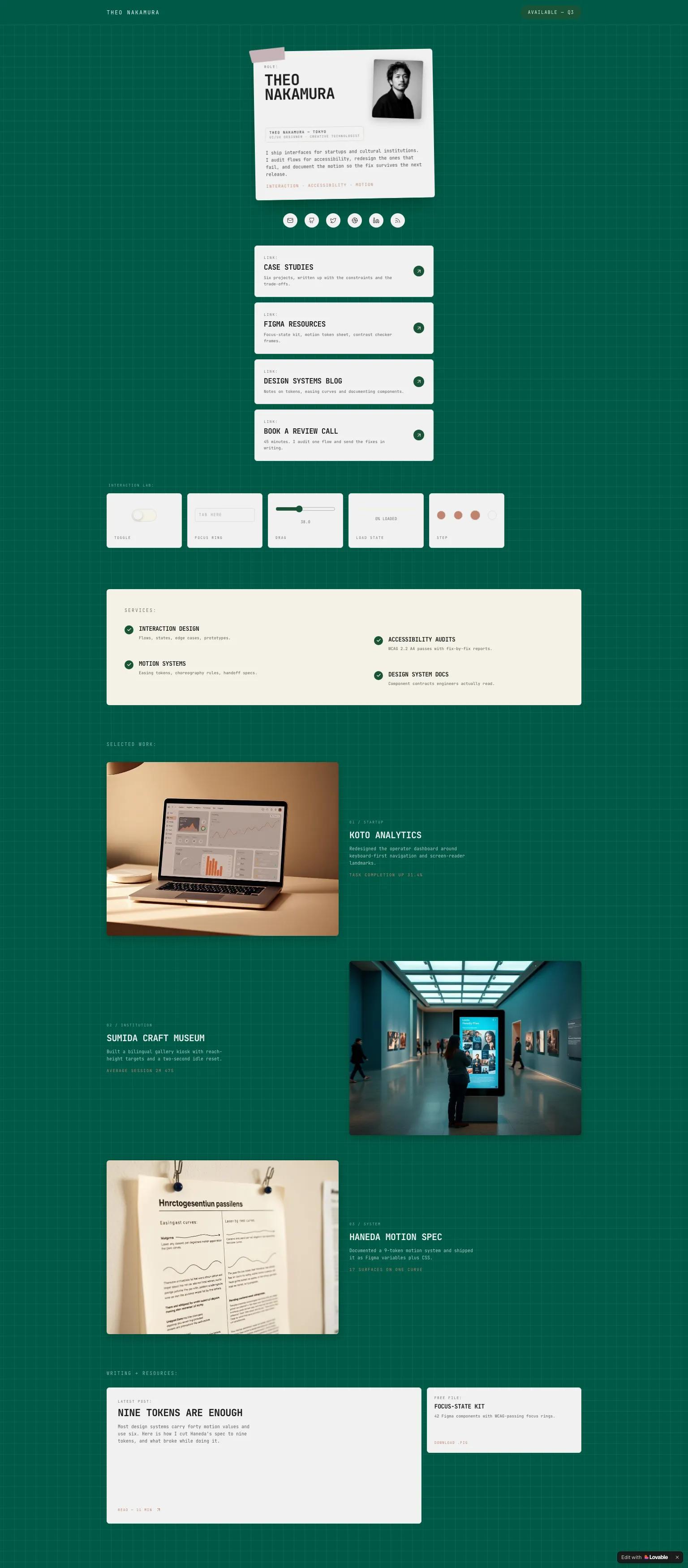 UX design portfolio — retro-modern, minimal monospace typography in emerald green and cream. "THEO NAKAMURA"