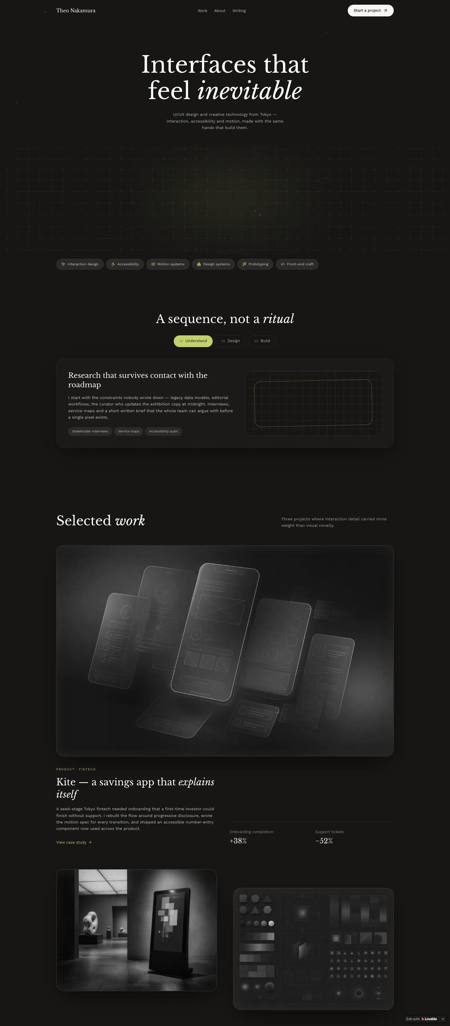 UI/UX design portfolio — minimal, dark-themed with mixed serif-sans typography in black and white with olive accents. "Interfaces that feel *inevitable*"