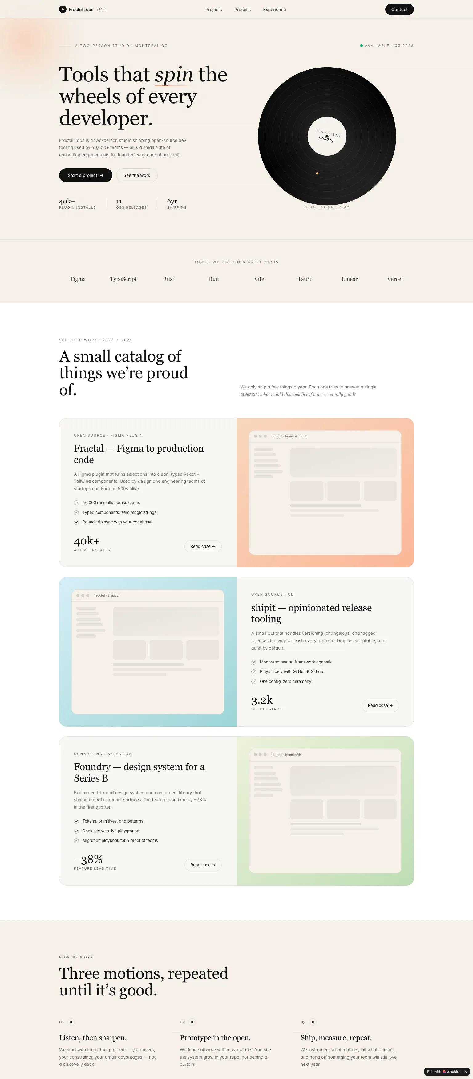 Developer tools studio website — minimal, editorial serif and sans-serif design in warm cream and peach. "Tools that *spin* the wheels of every developer."