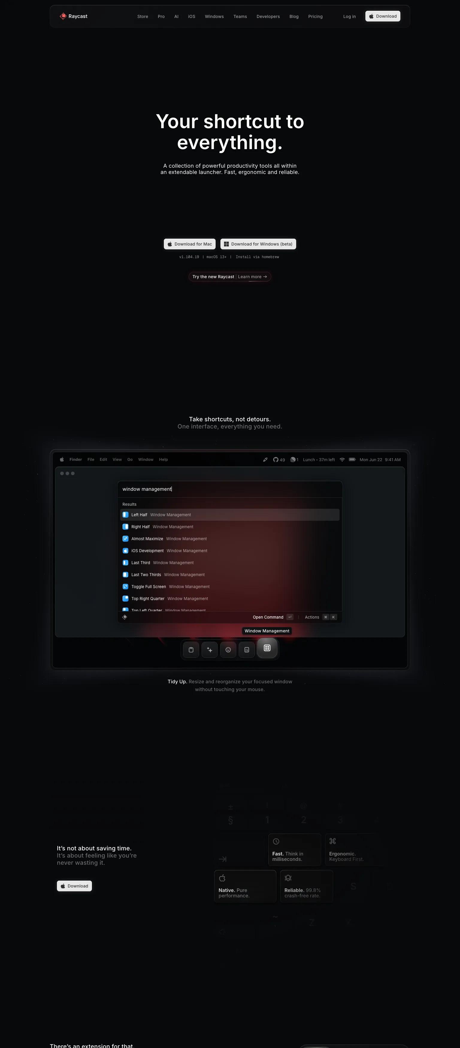 Productivity software website — minimal, developer-focused design in dark and white with orange accents. "Your shortcut to everything."