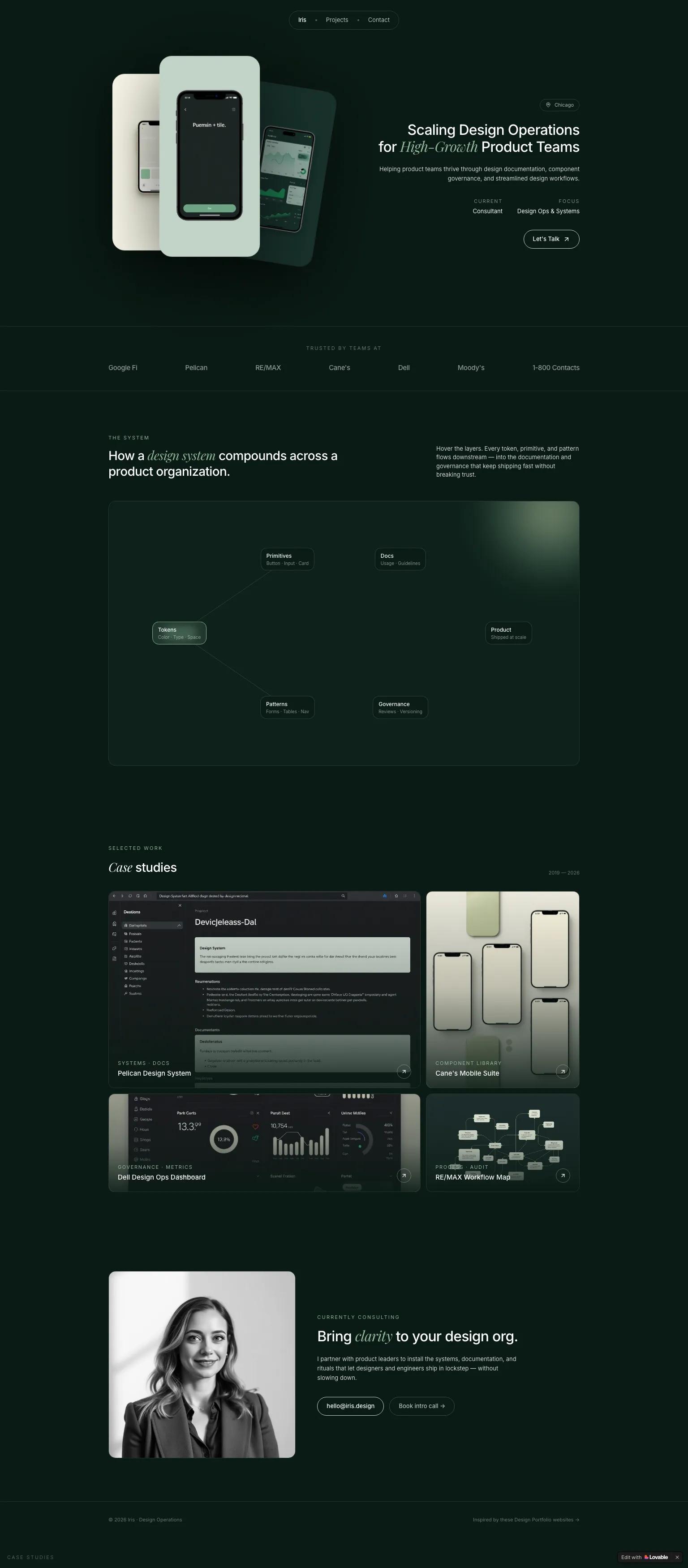 Design operations consulting website — dark, minimal, sophisticated typography in deep forest green and cream. "Scaling Design Operations for High-Growth Product Teams"