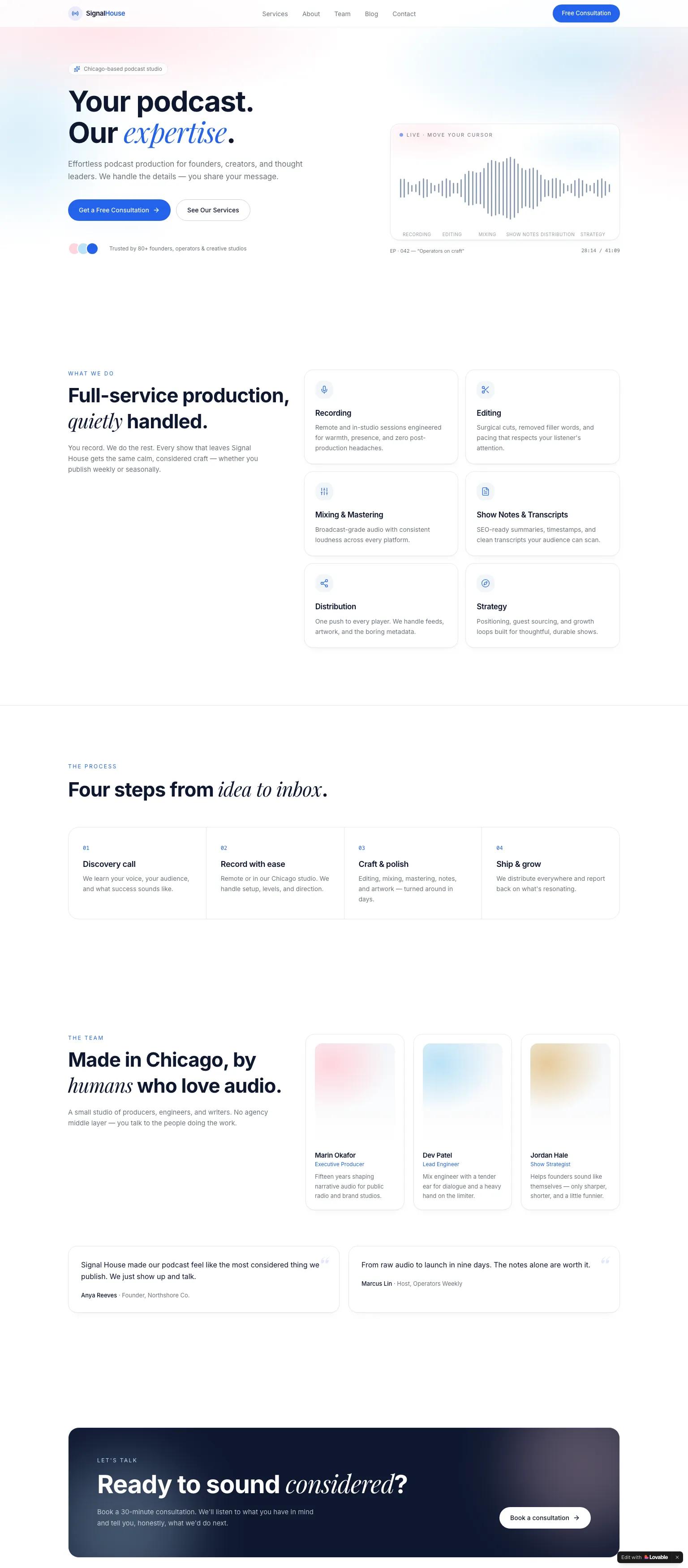 Podcast production agency website — clean, editorial design with blue accents and serif italic typography. "Your podcast. Our expertise."