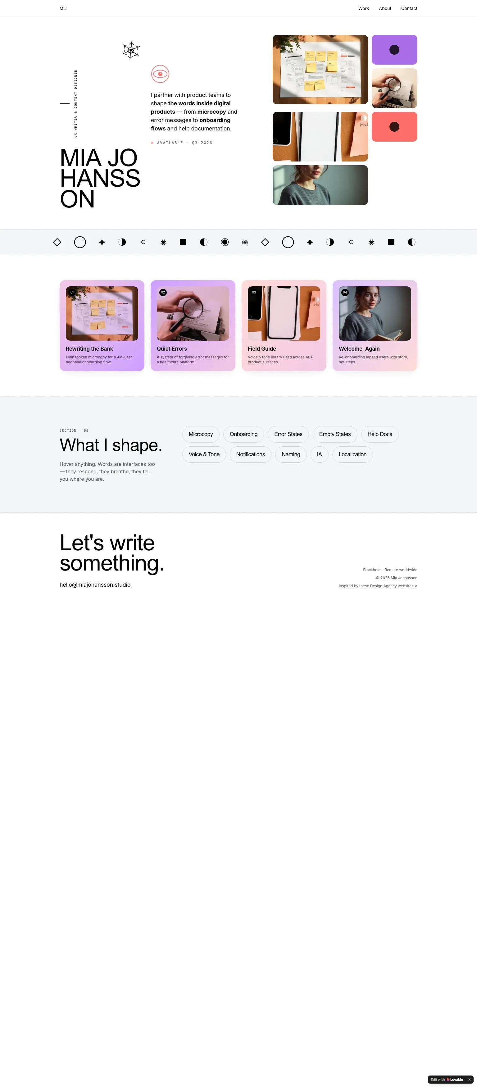 UX writing portfolio website — minimal, editorial serif typography in white, black, and soft lavender accents. "Let's write something."