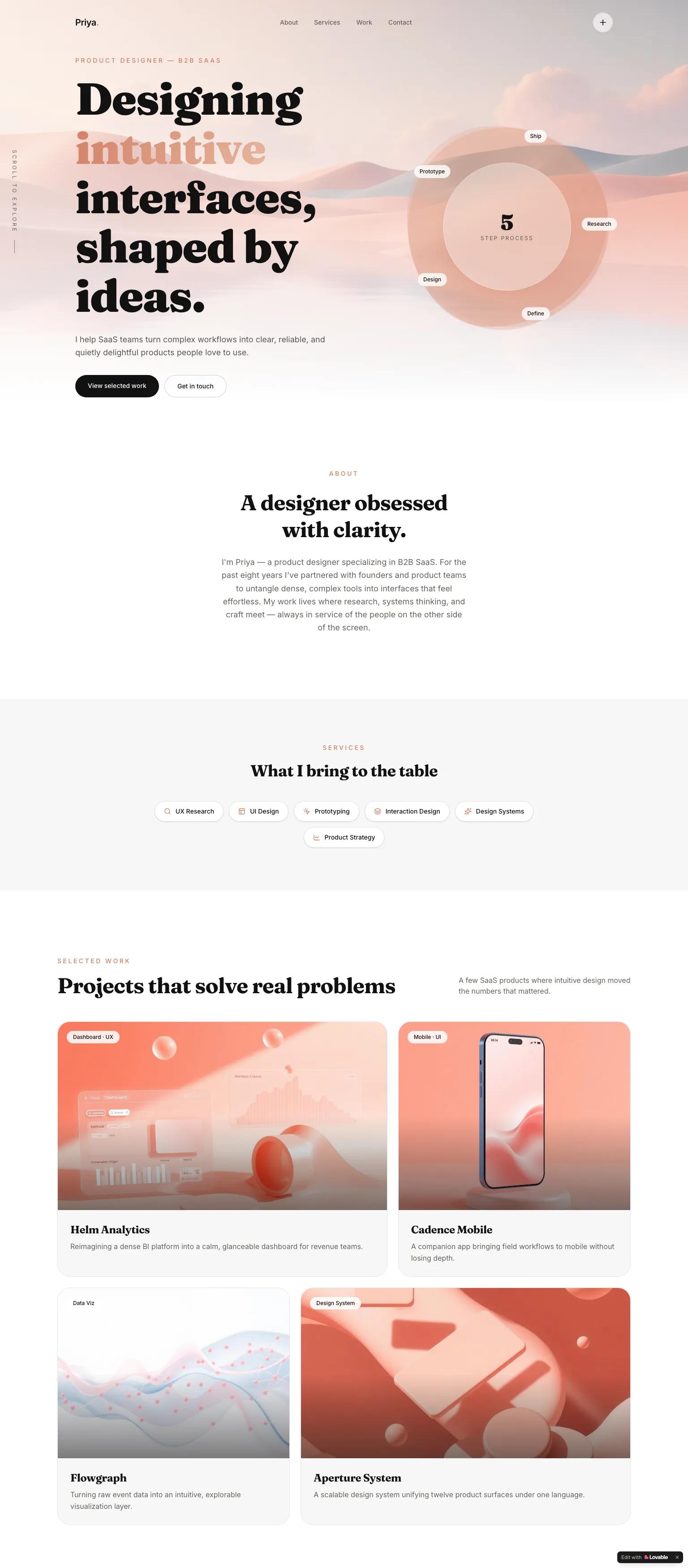 Product design portfolio — warm, editorial serif typography with peach gradient hero and circular process diagram. "Designing intuitive interfaces, shaped by ideas."