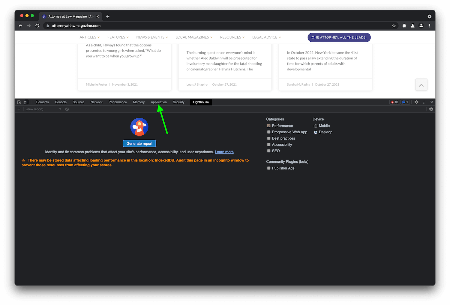 "There may be stored data affecting loading performance in this location: IndexedDB. Audit this page in an incognito window those resources from affecting your scores." Error message