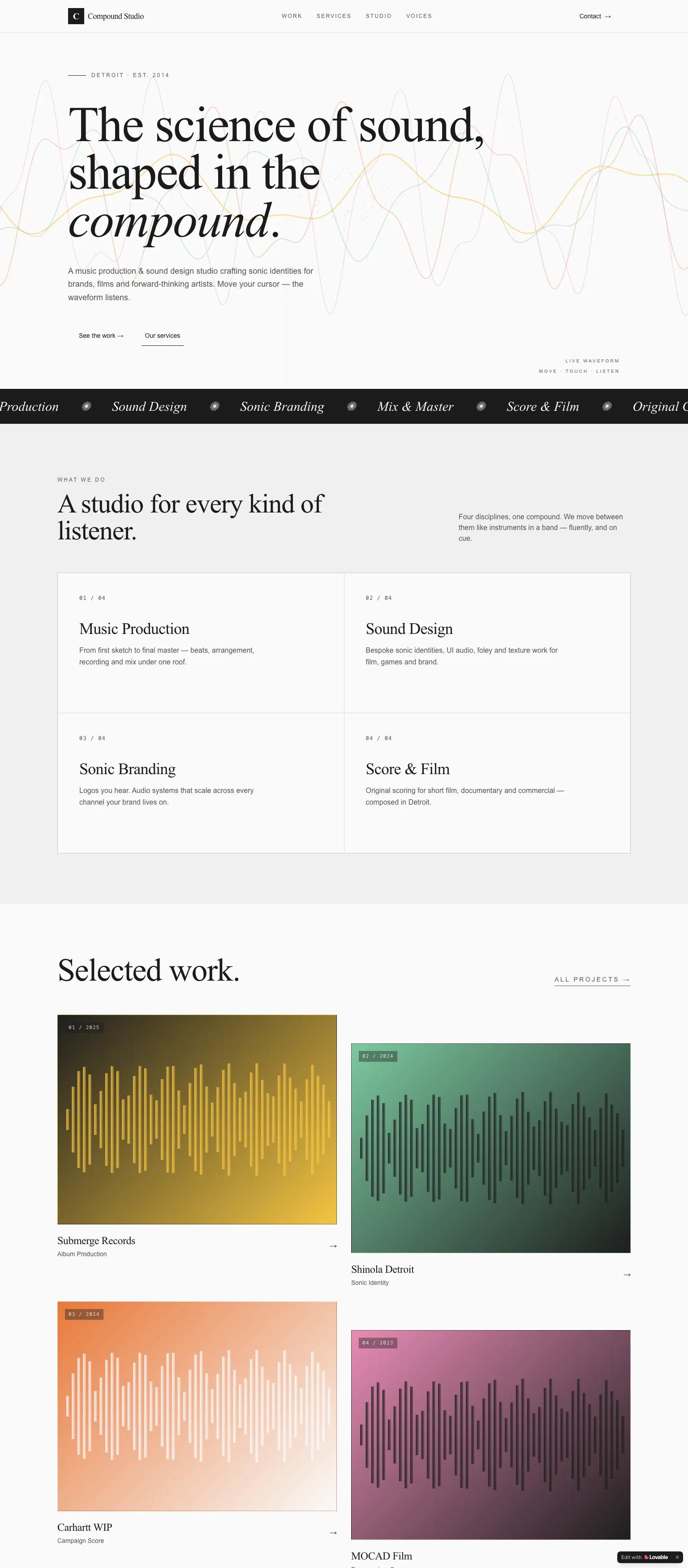 Music production & sound design studio website — refined, editorial serif typography in black, white and gold. "The science of sound, shaped in the compound."