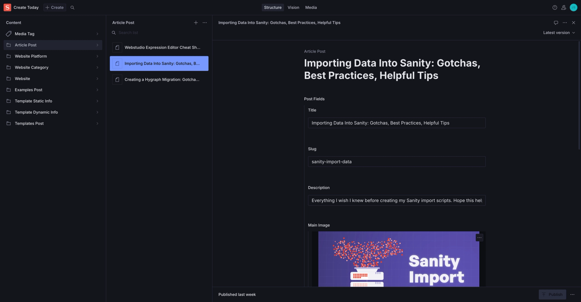Example post in Sanity Studio