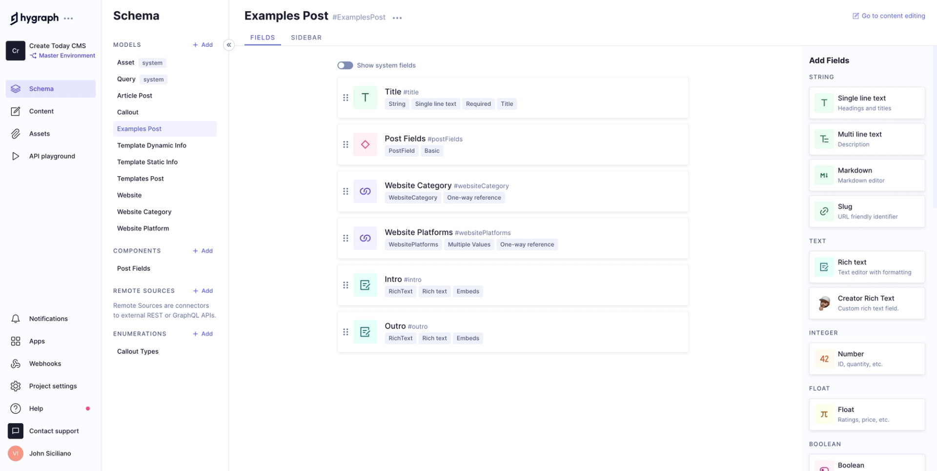 My Hygraph schema for a post
