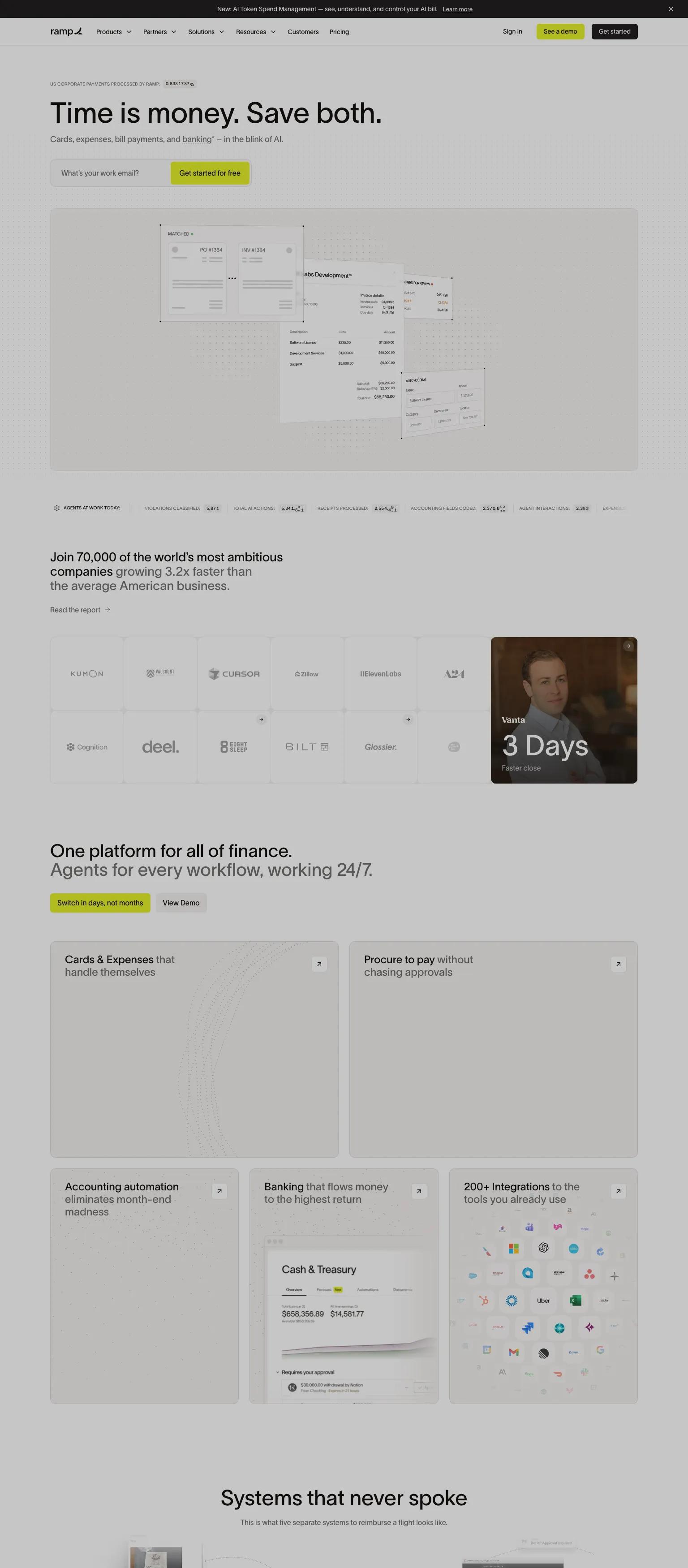 B2B fintech documentation page — minimalist, monospace typography in black and white. Ramp all-in-one spend management platform with AI automation for corporate cards, expenses, and accounting.