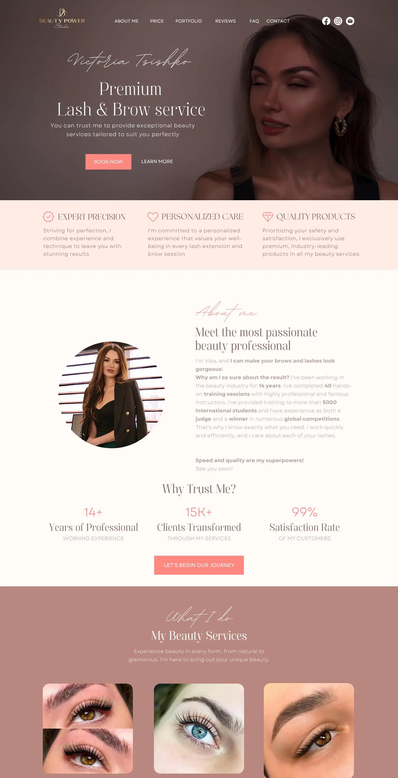 Beauty services website — luxurious, sophisticated serif and sans-serif design in warm taupe, blush, and cream. "Premium Lash & Brow Service"