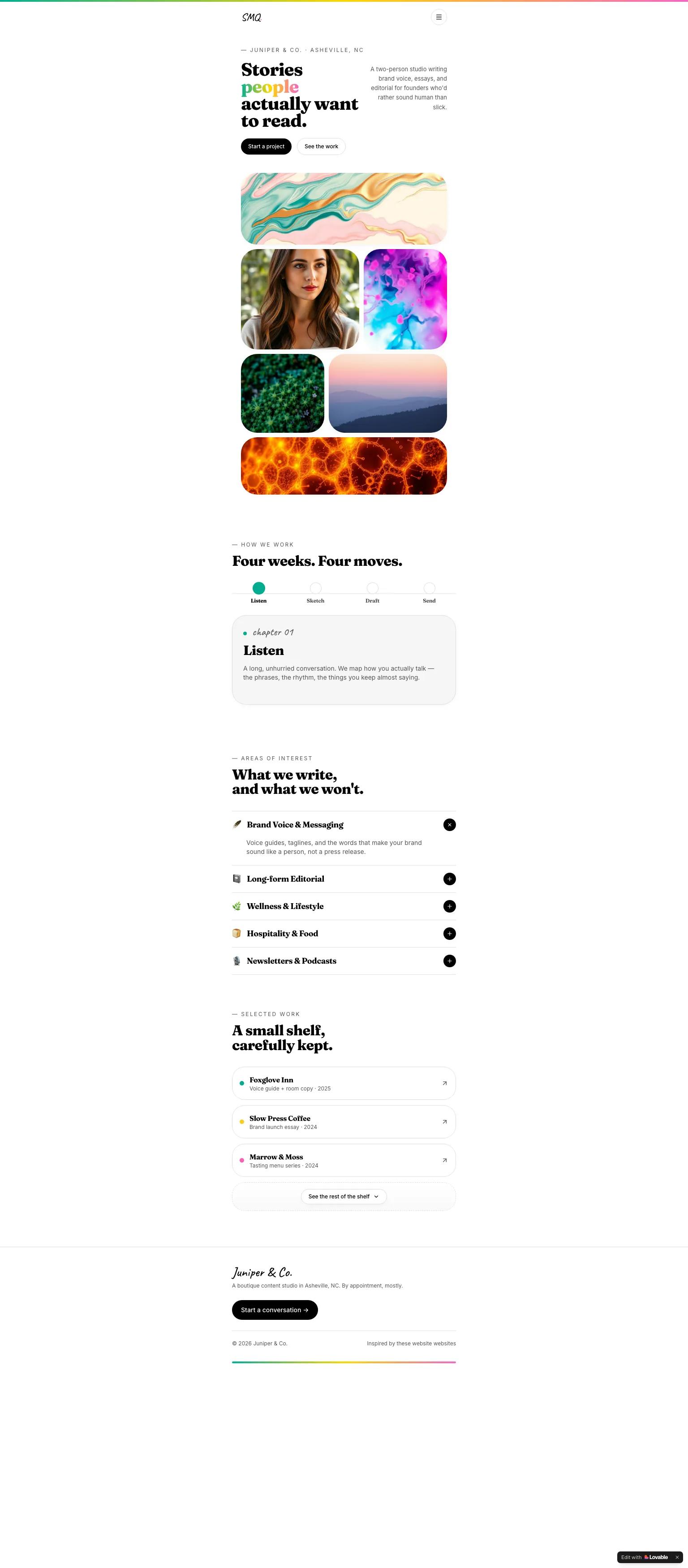 Copywriting studio website — editorial, minimal serif design in black, white, and coral. "Stories *people* actually want to read."