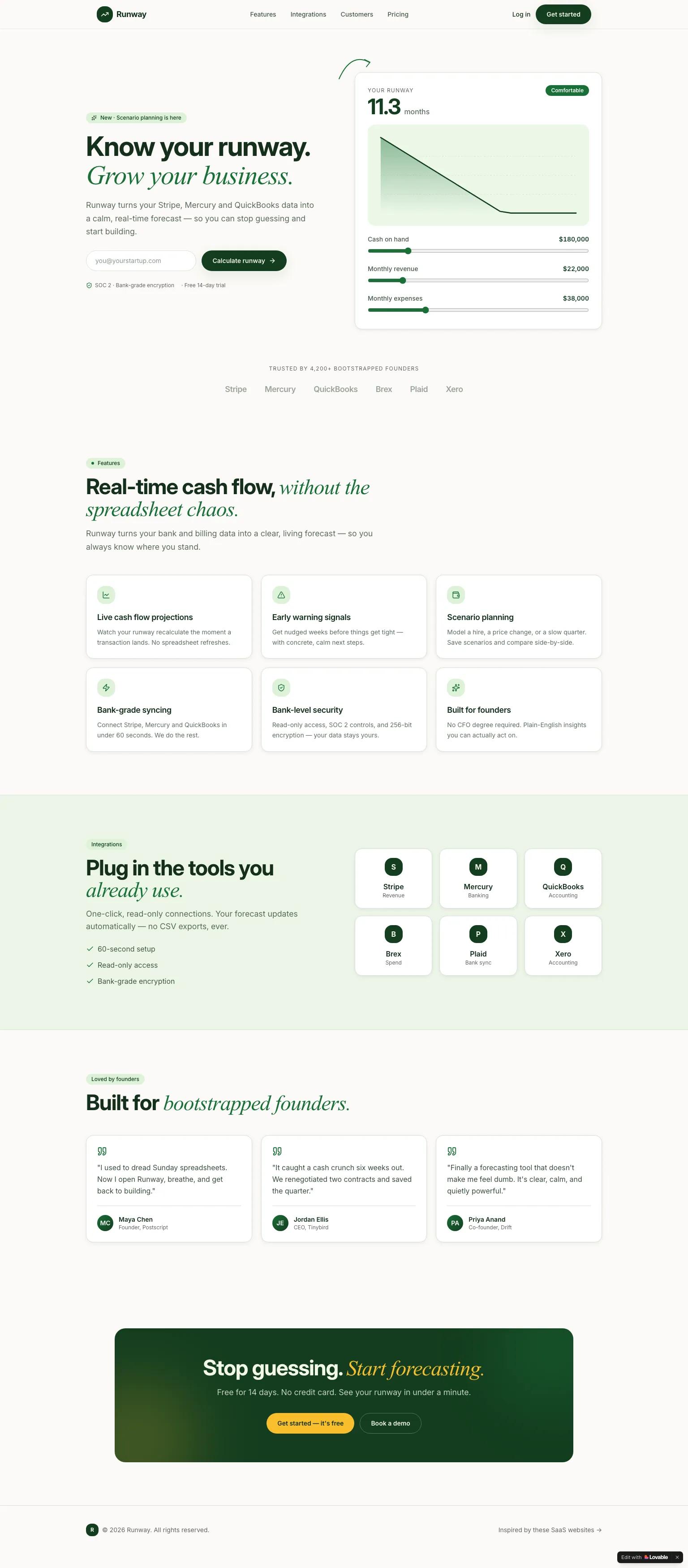 Fintech SaaS website — clean, minimal design with serif headlines in dark green and off-white. "Know your runway."