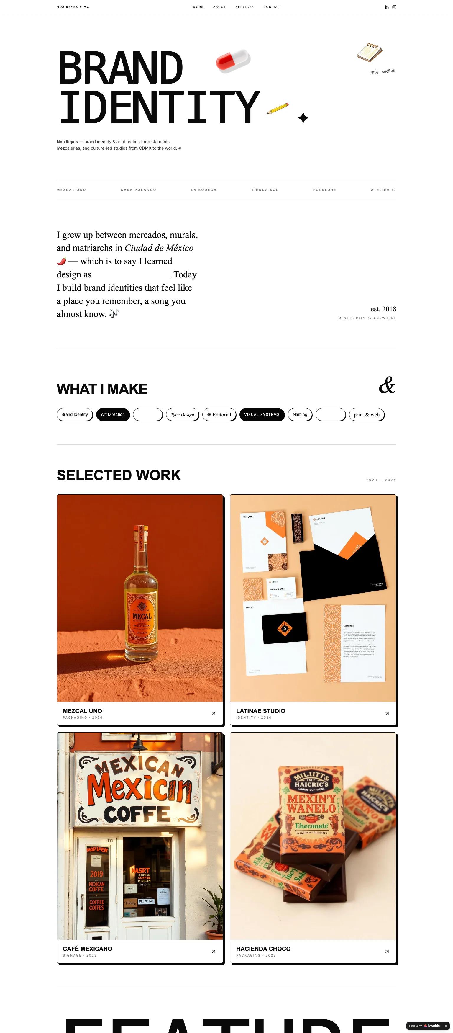 Brand identity studio website — editorial, playful, culturally rooted serif and sans-serif design in black and warm tones. "BRAND IDENTITY"